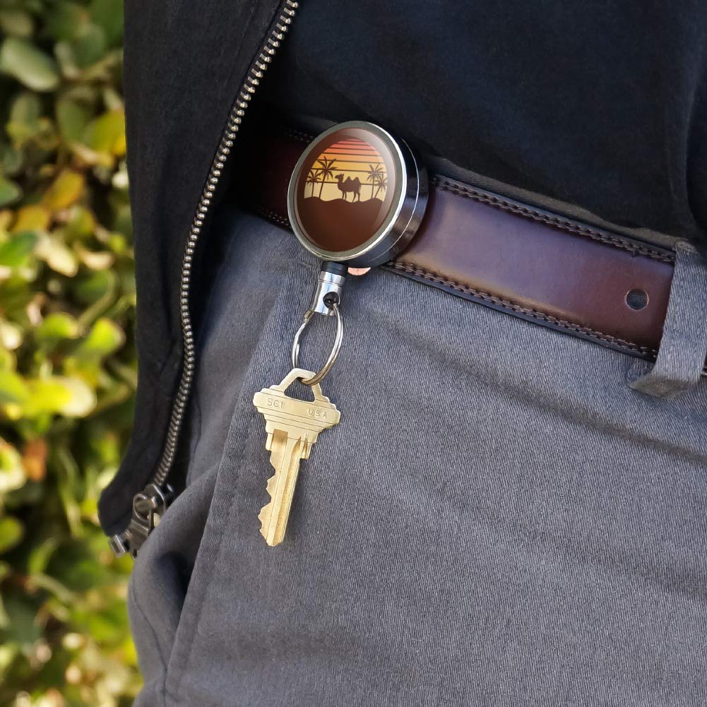 Premium Heavy Duty Metal Retractable ID Badge Holder with Belt Clip - Key Card Reel for Work Security & Office Access (Desert Sunset with Palm Tree Design) - Perfect for Hospitals, Schools, Corporate Offices & Events