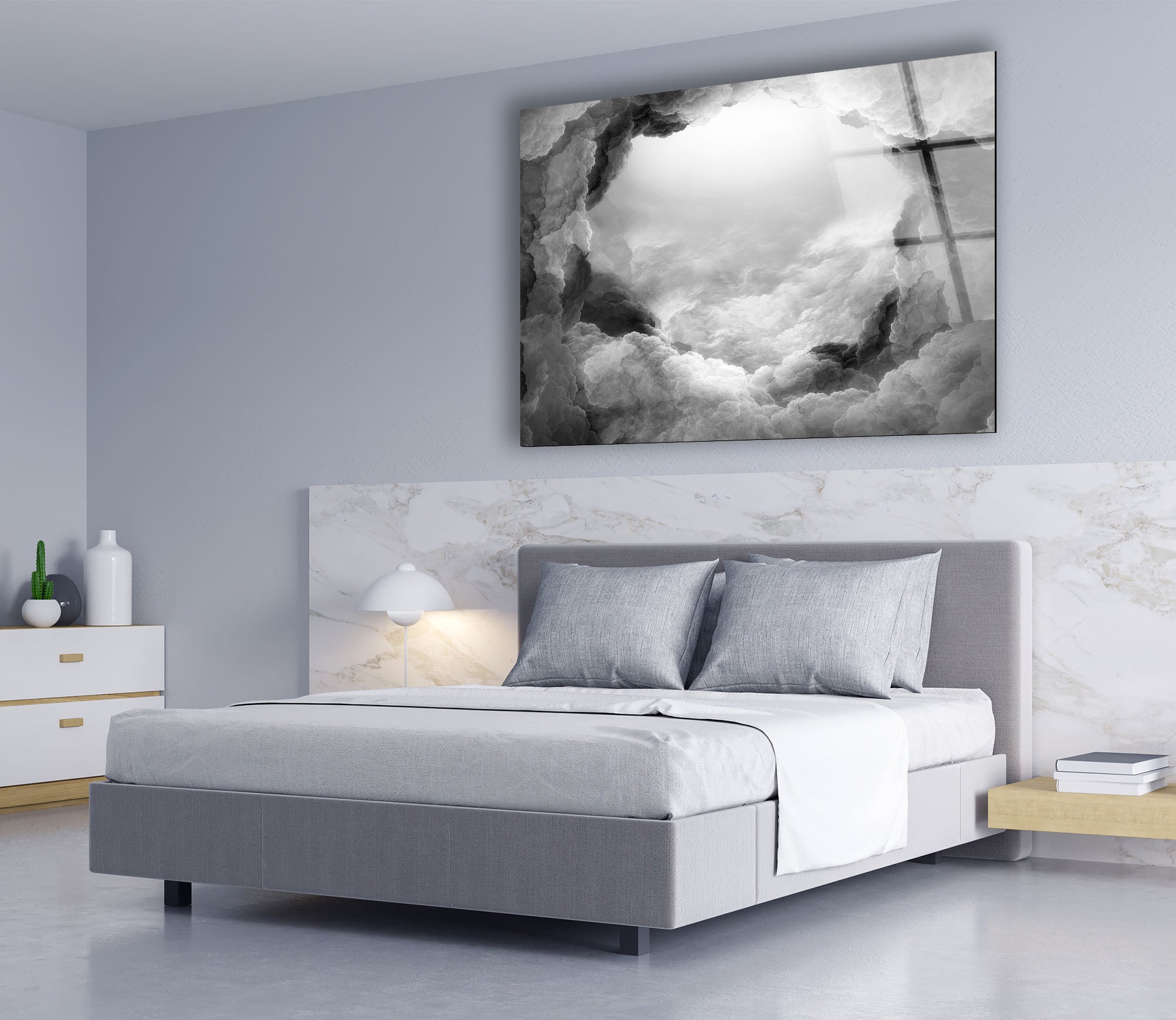 Black and White Cloud Wall Art - Dreamy Abstract Glass Print Decor for Living Room, Bedroom & Office | Modern Home Decor & Unique Gift Idea