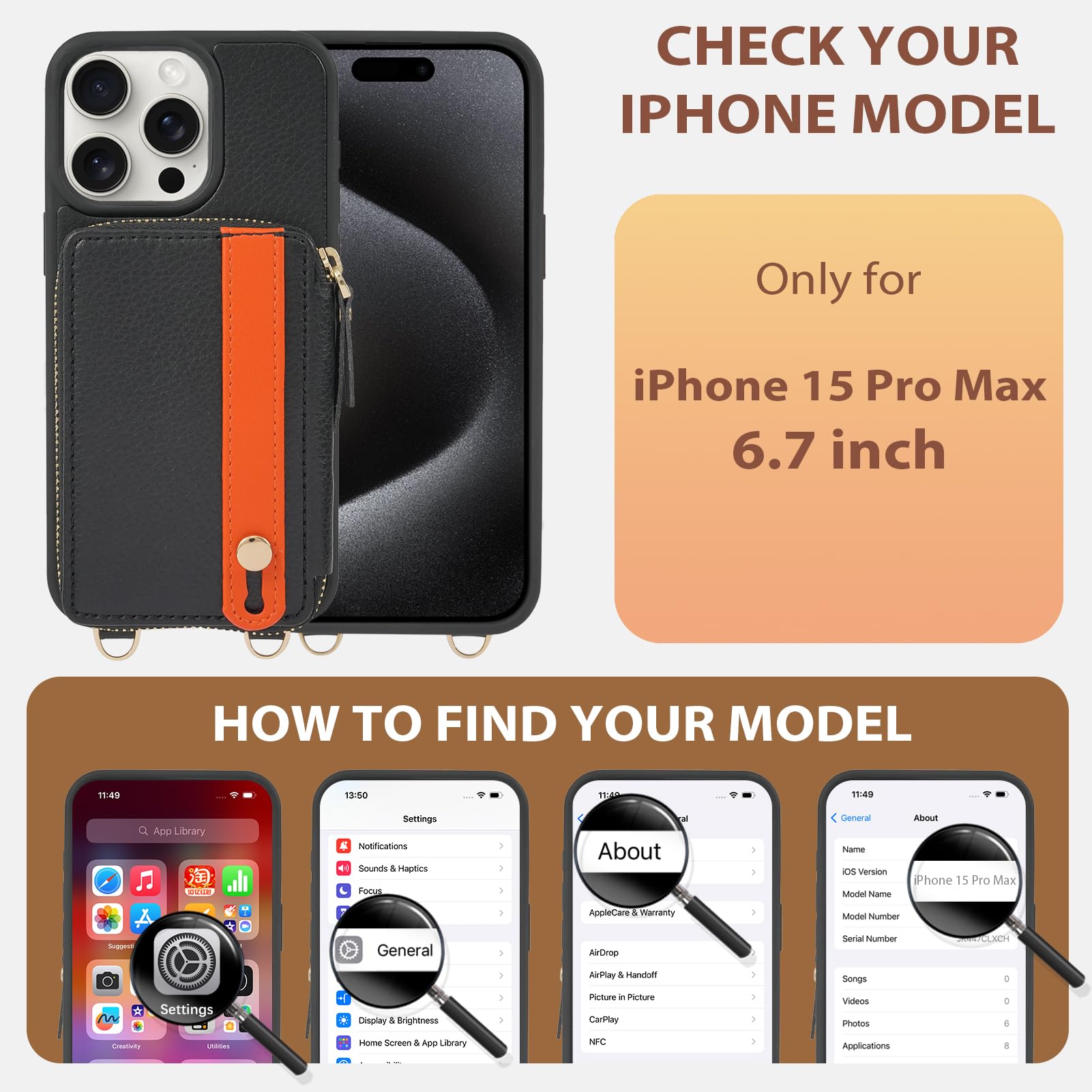 LAMEEKU iPhone 15 Pro Max Wallet Case with Card Holder & Kickstand - Leather Zipper Crossbody Phone Case with Wrist Strap & Lanyard - 6.7