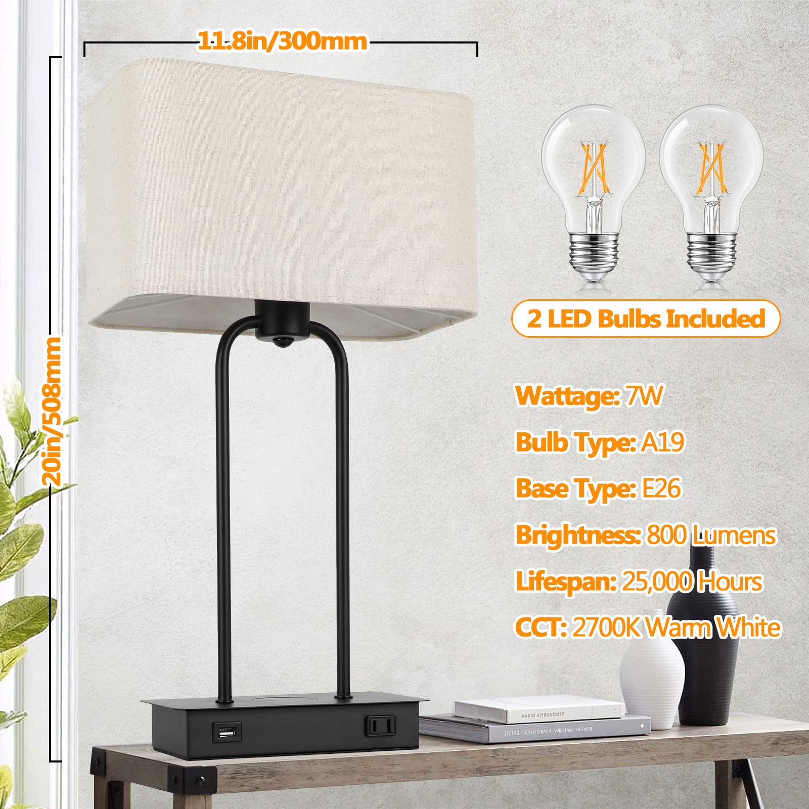 Wireless Charging Touch Control 3-Way Dimmable Table Lamp Set of 2 - Modern Black Nightstand Lamps with USB Port & AC Outlet for Bedroom, Living Room, Office - Includes LED Bulbs | Perfect for Reading, Working & Bedside Lighting