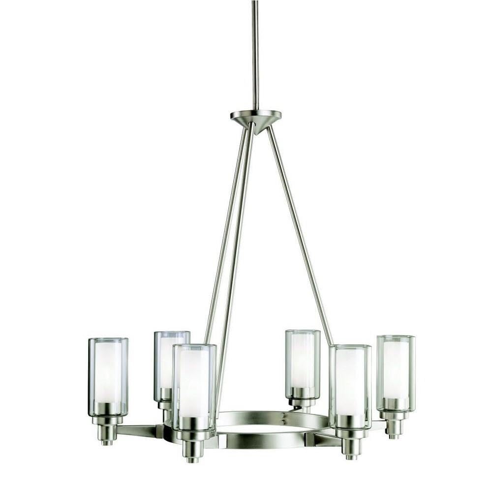 6-Light Modern Minimalist Chandelier with Clear Outer & Satin Etched Inner Glass - Brushed Nickel Finish - Perfect for Dining Room, Living Room or Bedroom Lighting