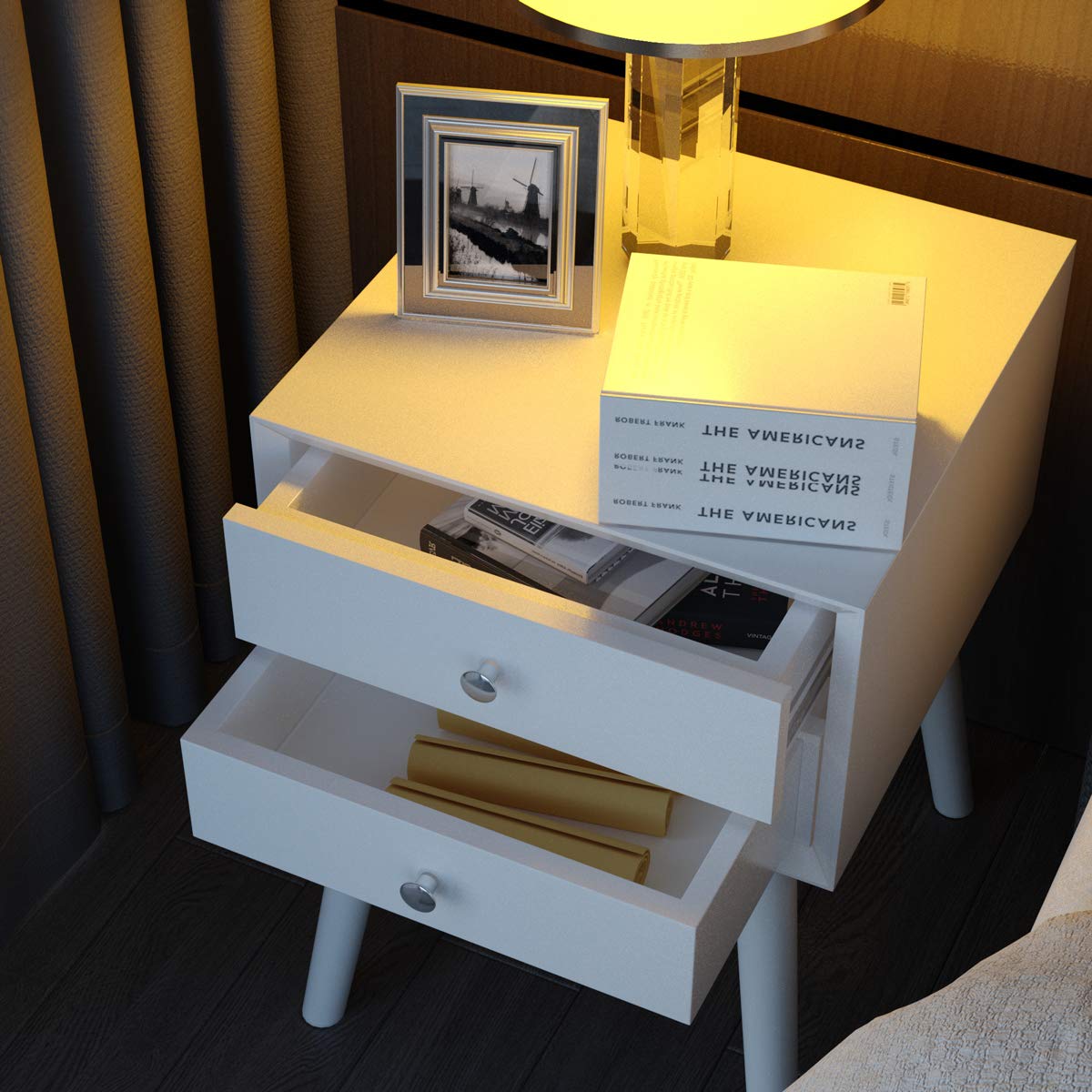 Giantex White Nightstand with 2 Drawers - Solid Wood Bedside Table for Bedroom & Living Room
