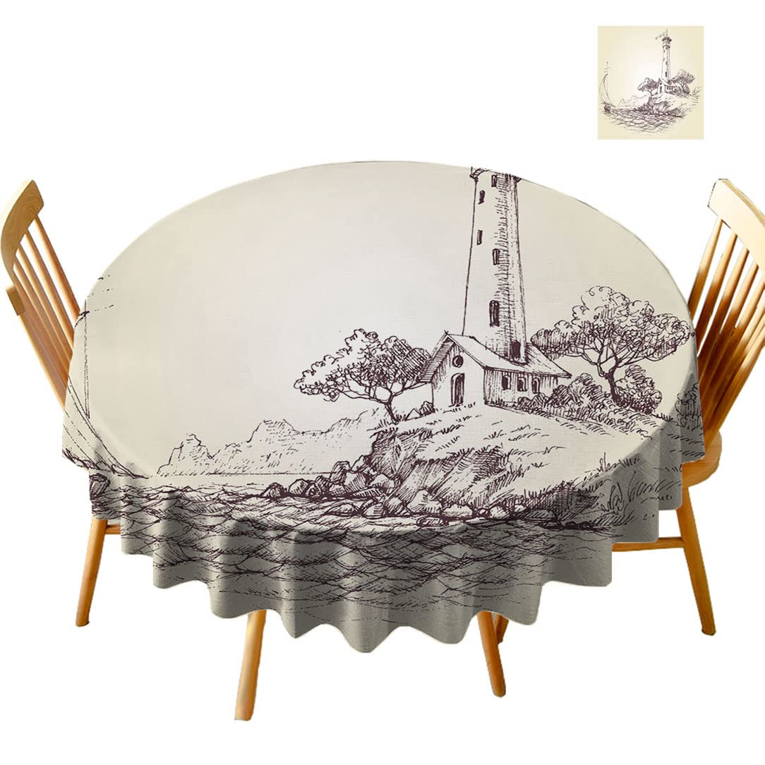 Voyage Themed Sea Decor Tablecloth - 70 Inch Round Ocean Cliff & Boat Pattern, Beige Brown Decorative Table Cover for Kitchen, Dining Room, Party & Home Decor