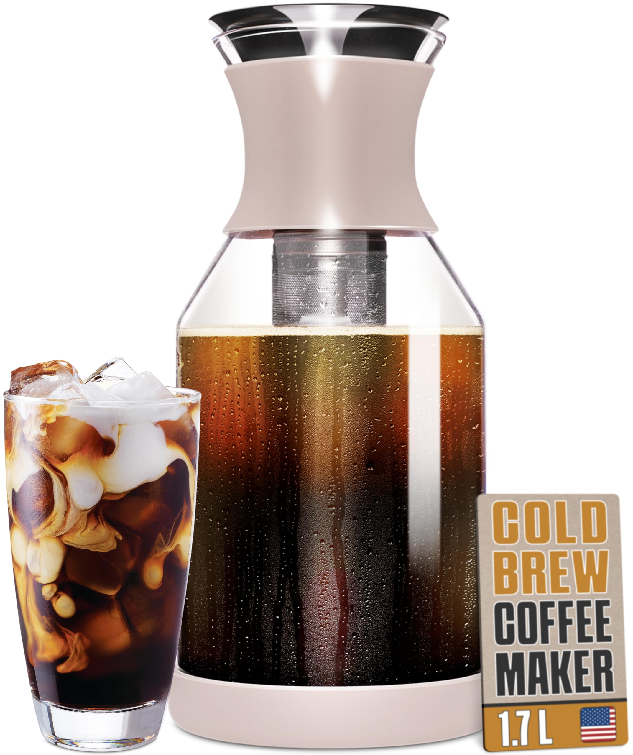 Premium Cold Brew Coffee Maker with Glass Pitcher & Lid - 1.7L Iced Coffee & Tea Infuser with Removable Filter - Perfect for Home, Office & Outdoor Use - Beige