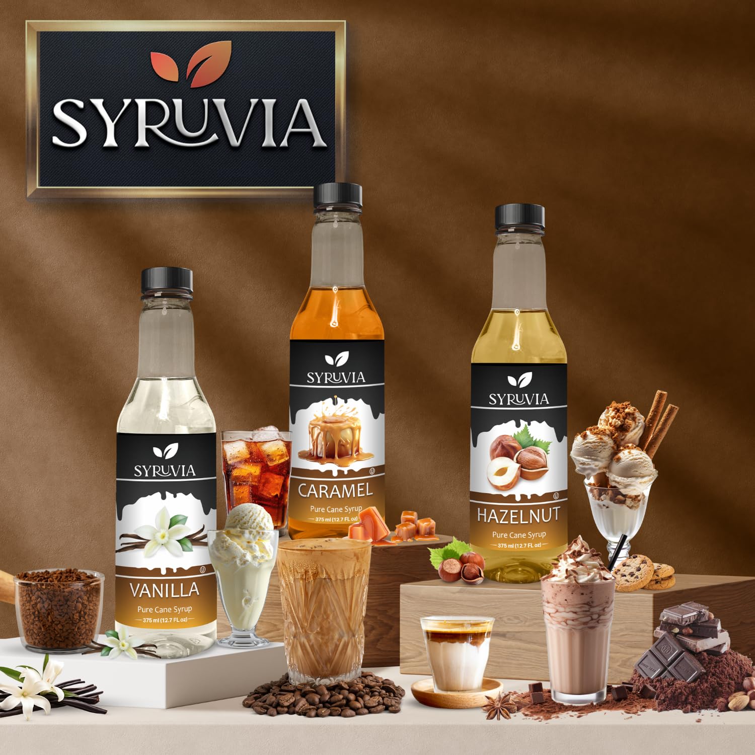 Syruvia Coffee Syrup Variety Pack - 12.7 fl oz Vanilla, Hazelnut & Caramel Flavors for Lattes, Iced Coffee & Cocktails | Barista-Grade Sweetener for Home & Cafe Use