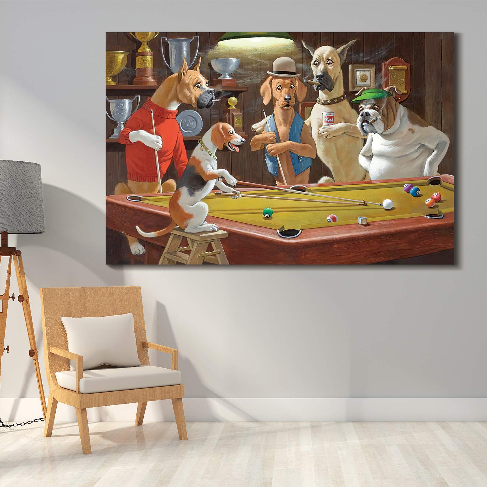 Denozer - Dogs Playing Pool Oil Painting Canvas Print, Modern Wall Art for Living Room, Bedroom, Office Decor - 48x32 Inches - Perfect for Home, Bar, and Game Room Wall Decoration