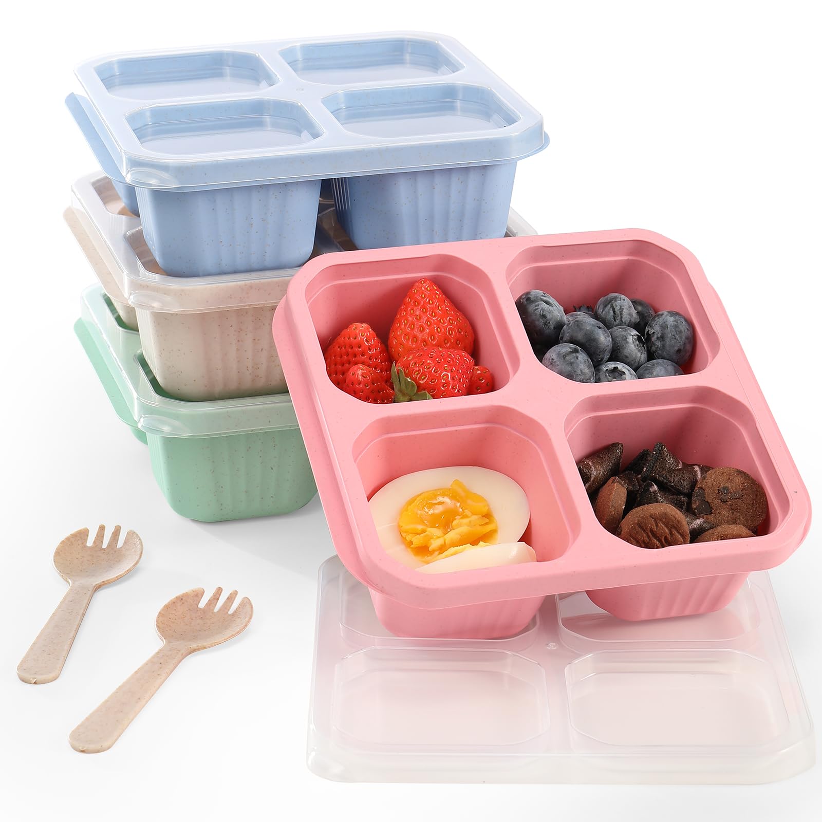 DIMBRAH 4-Pack Reusable Snack Containers with 4 Compartments - Bento Lunch Box for Adults & Kids - Leakproof Food Storage Containers for Work, School, Travel & Picnics - Includes Forks (Perfect for Meal Prep & On-the-Go Snacks)