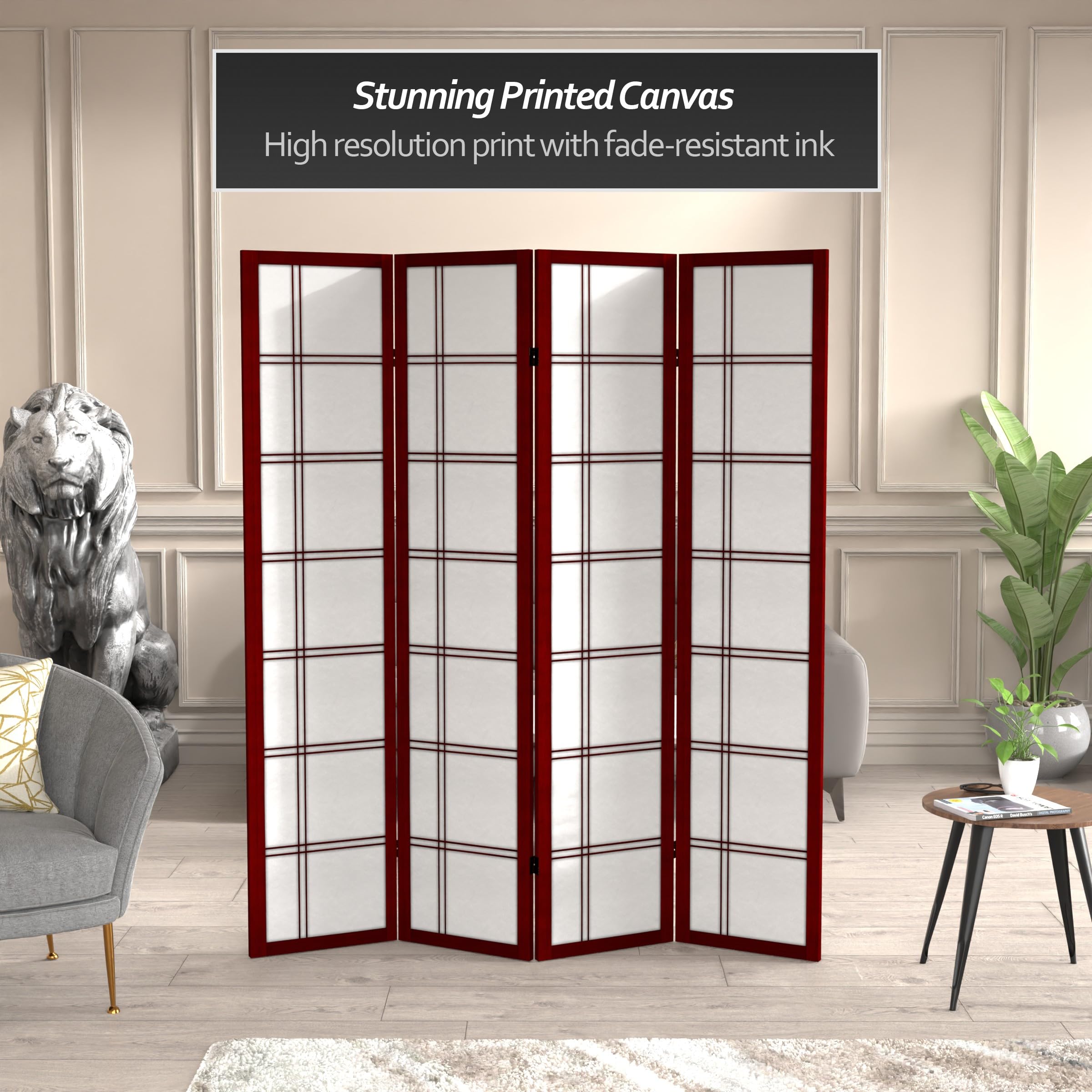 6 ft. Tall Red Lantern Canvas Double Cross Room Divider - Rosewood - 4 Panel Folding Screen for Living Room, Bedroom & Office Privacy Partition