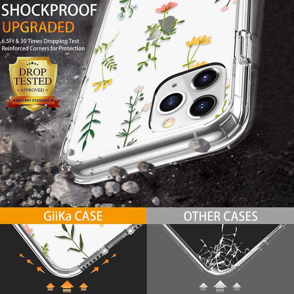 GiiKa iPhone 11 Pro Max Case with Screen Protector - Heavy Duty Clear Shockproof Phone Cover for Women, Floral Design Hard PC Case with TPU Bumper - Perfect for Everyday Protection & Outdoor Activities
