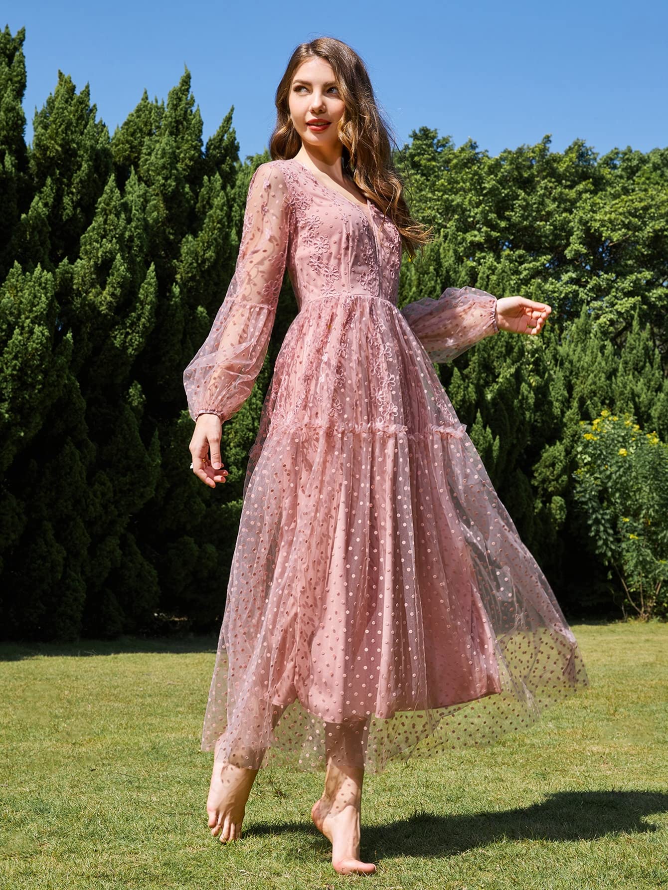 Floral Embroidered Lantern Sleeve Dobby Mesh Dress for Women with Belt - Elegant Ruffle Hem A-Line Dress (Size Large) | Perfect for Weddings, Parties & Special Occasions