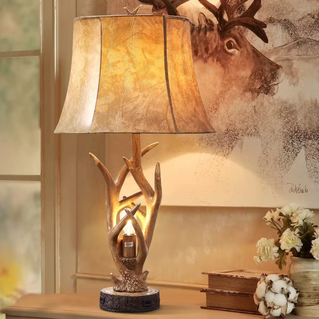 Rustic Western Deer Table Lamps with Nightlight - Set of 2, 26