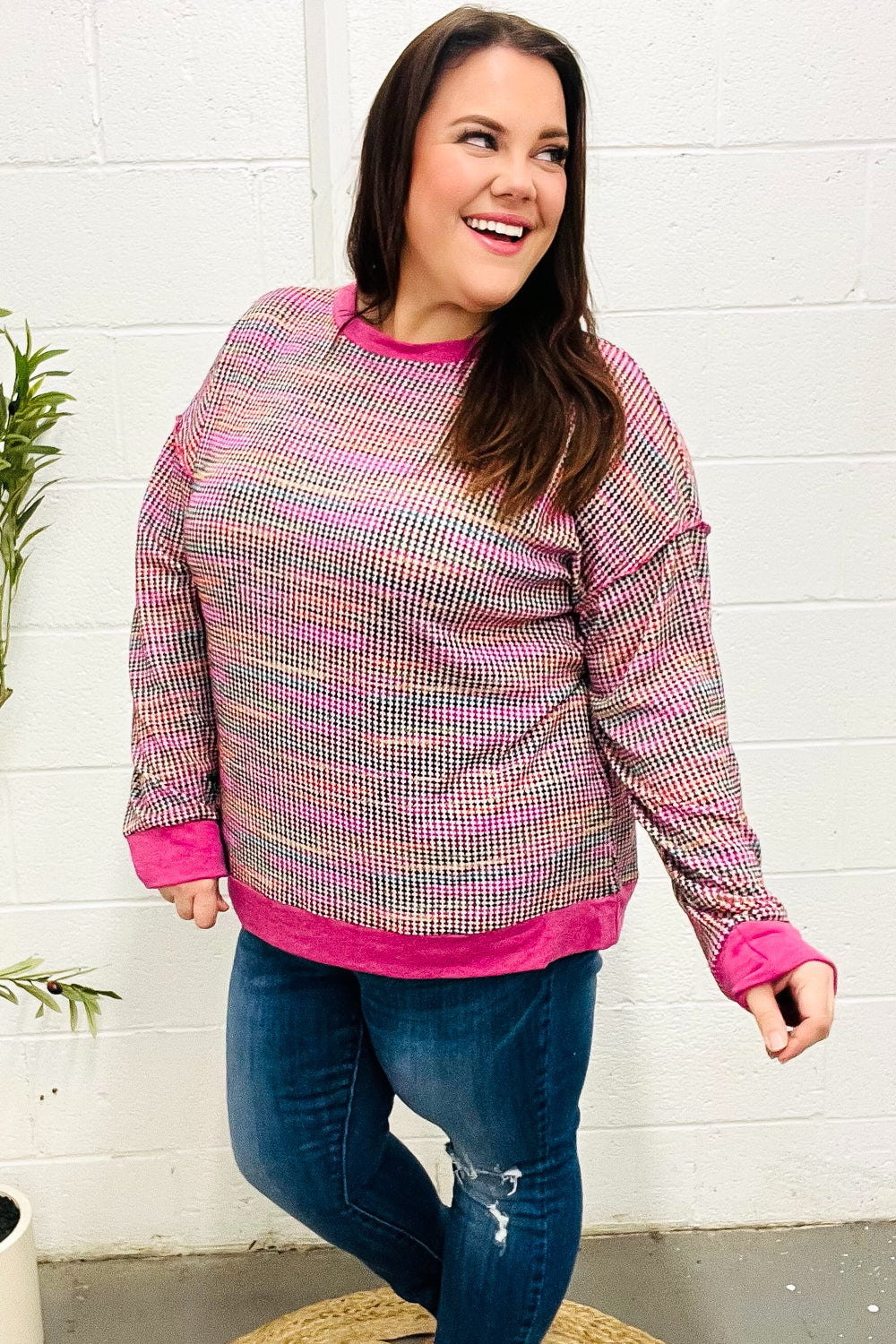 Joyful Magenta Multicolor Textured Waffle Knit Sweater for Women - Cozy Winter Pullover for Casual Outings & Holiday Gatherings