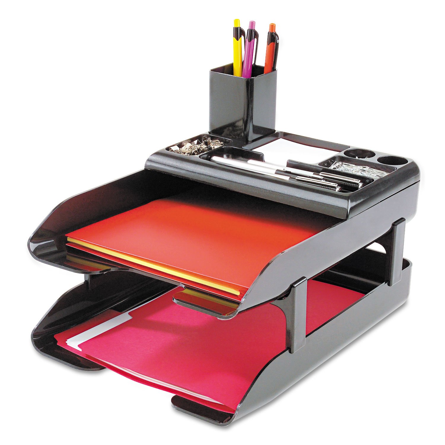 Deflecto 583004 2-Tier Corporate Desk Tray Set - Metallic Black Plastic Organizer for Office Supplies, Files & Documents | Perfect for Home Office, Workplace & Professional Environments