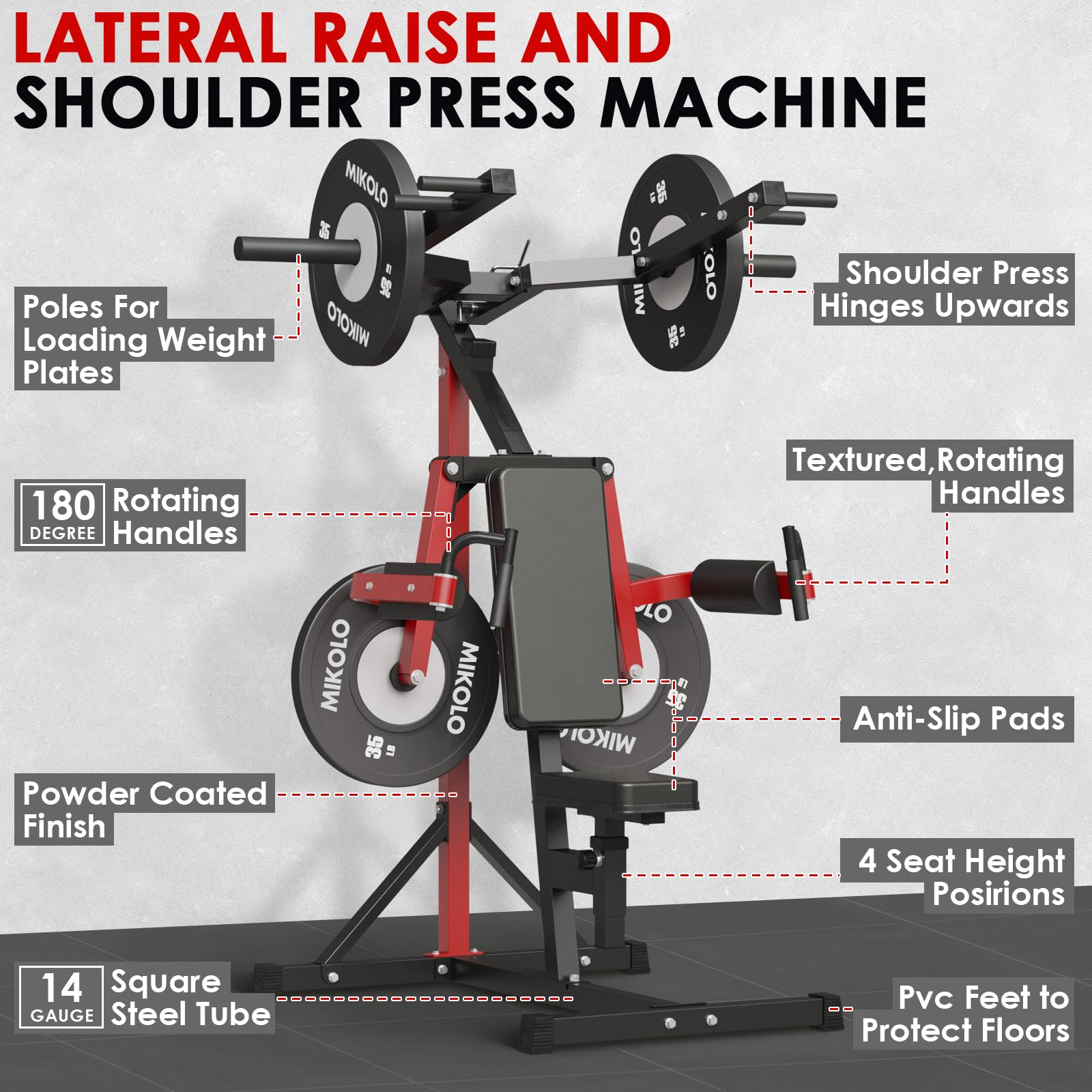 Mikolo Deltoid & Shoulder Press Machine - Adjustable Lateral Raise Strength Trainer w/800lb Capacity, Ergonomic Seat & Backrest for Home Gym Workouts (Ideal for Shoulder Toning & Upper Body Strength Training)