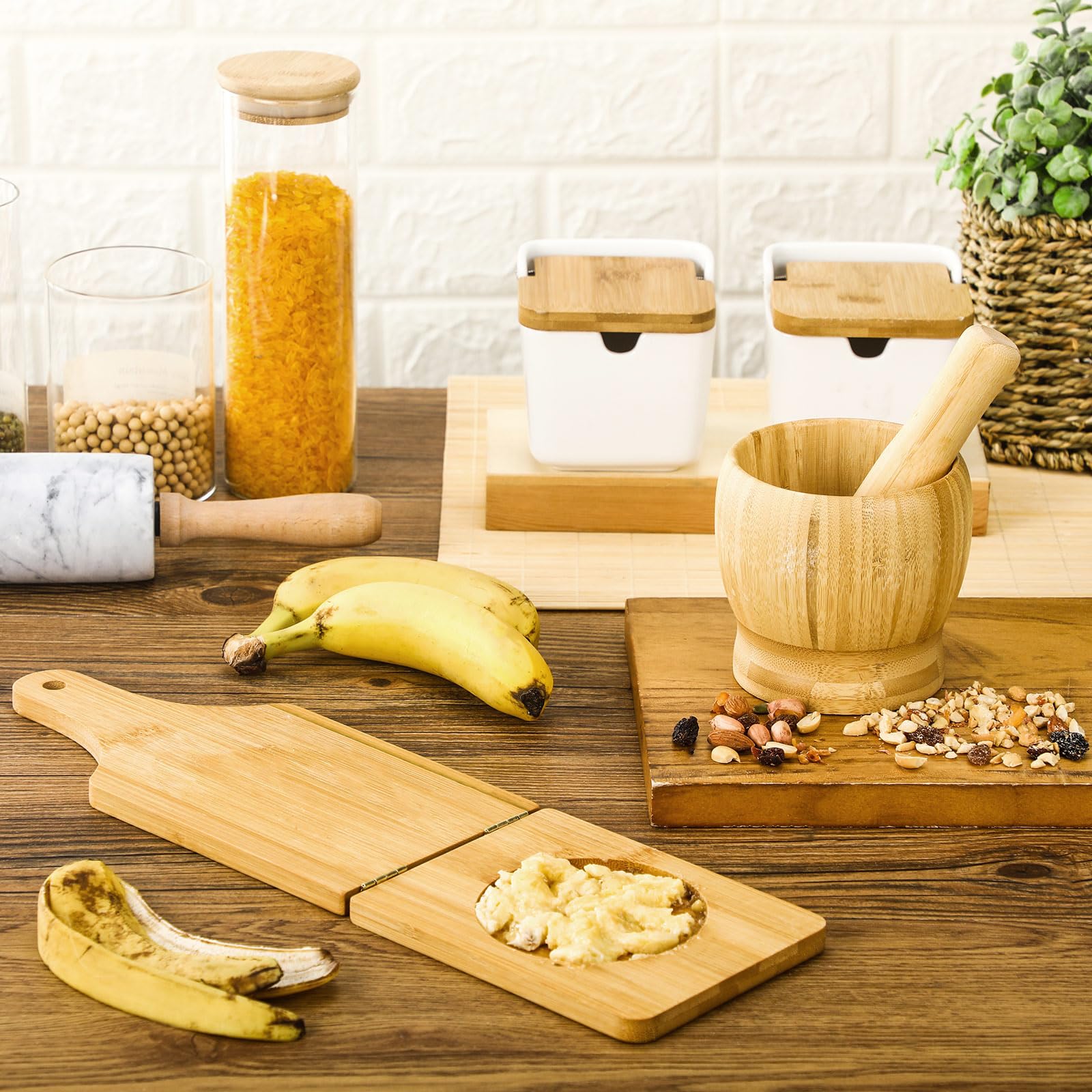 Jumbo Bamboo Mortar and Pestle Set - Natural Wood Tostonera & Plantain Press for Guacamole, Fried Bananas & Pepper Grinding - Perfect for Latin Cooking, Smashing Tostones & Making Fresh Salsas