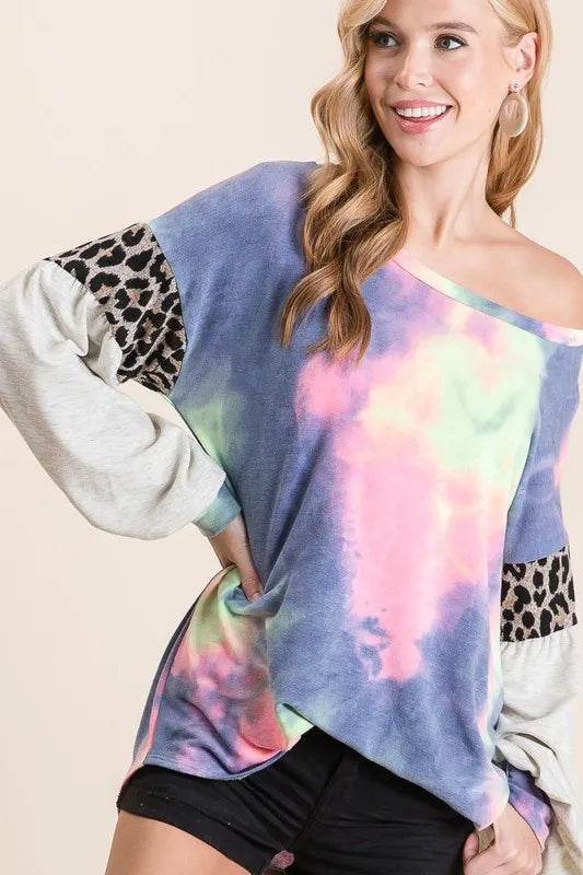 BiBi Tie Dye Terry Top with Contrast Puff Sleeves | Trendy Women's Fashion Tops | Perfect for Summer Outfits, Beach Wear & Casual Street Style