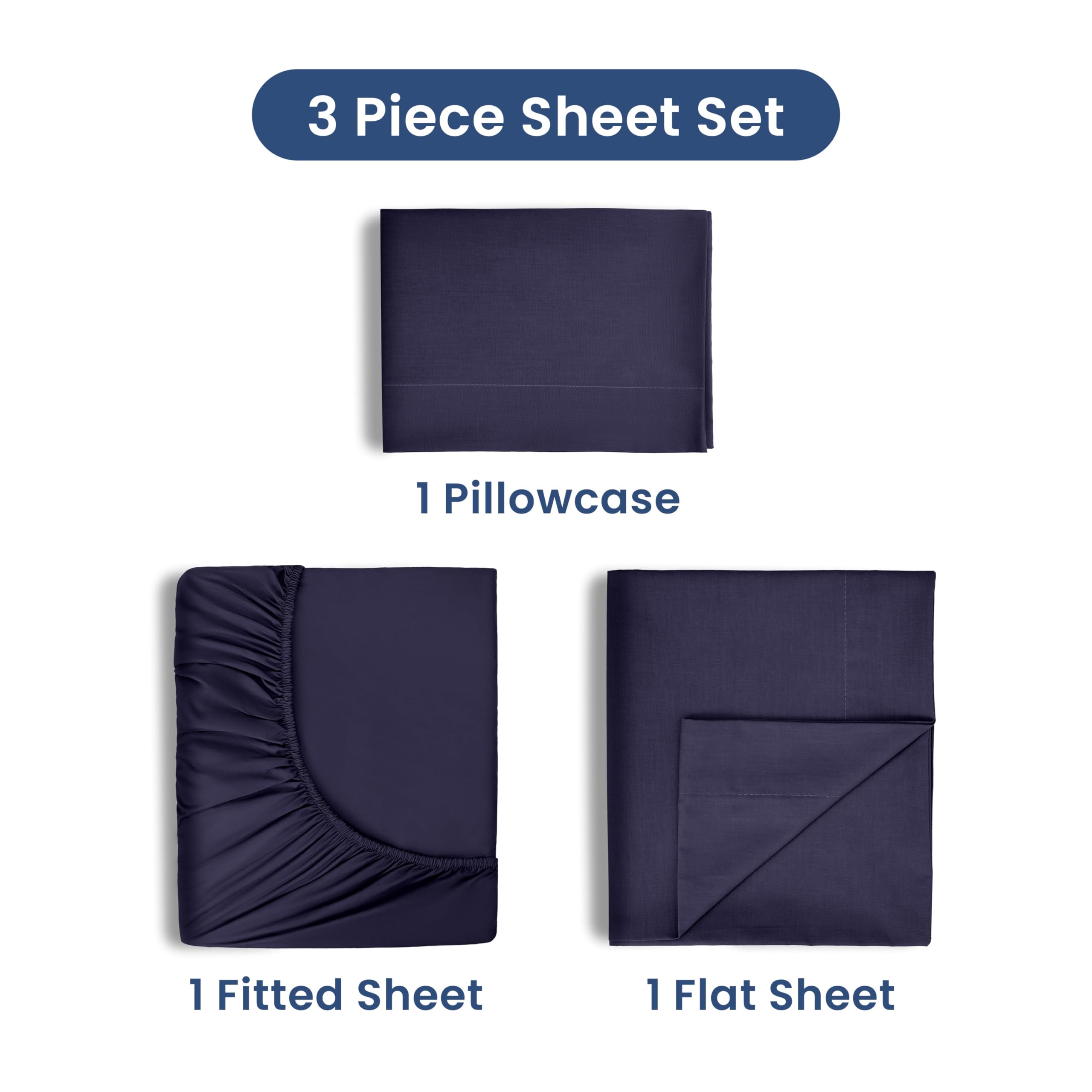 Premium 3-Piece Twin Sheet Set - Ultra Soft & Breathable Brushed Cotton Blend - Wrinkle Resistant, Durable & Easy Care Bedding - Navy Blue - Perfect for Kids' Rooms, Dorms & Guest Beds