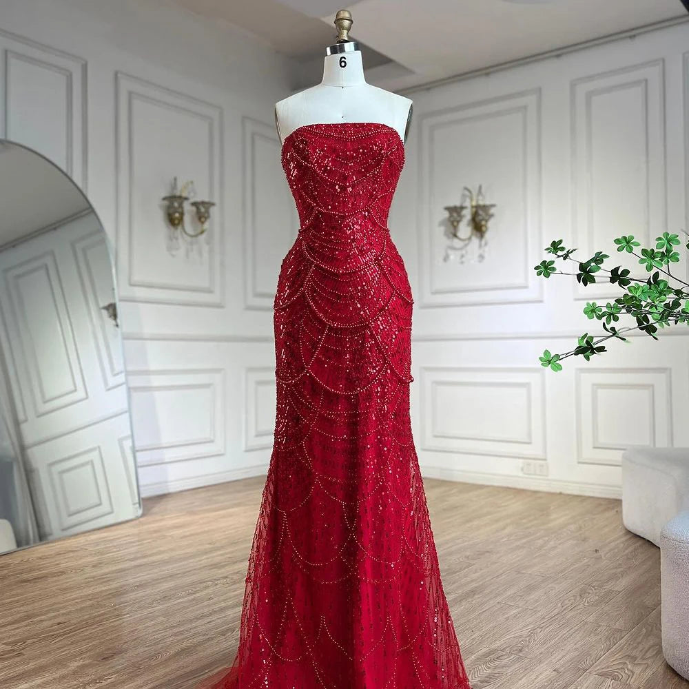 Elegant Red Mermaid Evening Gown with Puff Sleeves & Beaded Overskirt - Women's Formal Party Dress for Prom, Wedding, Gala & Special Occasions