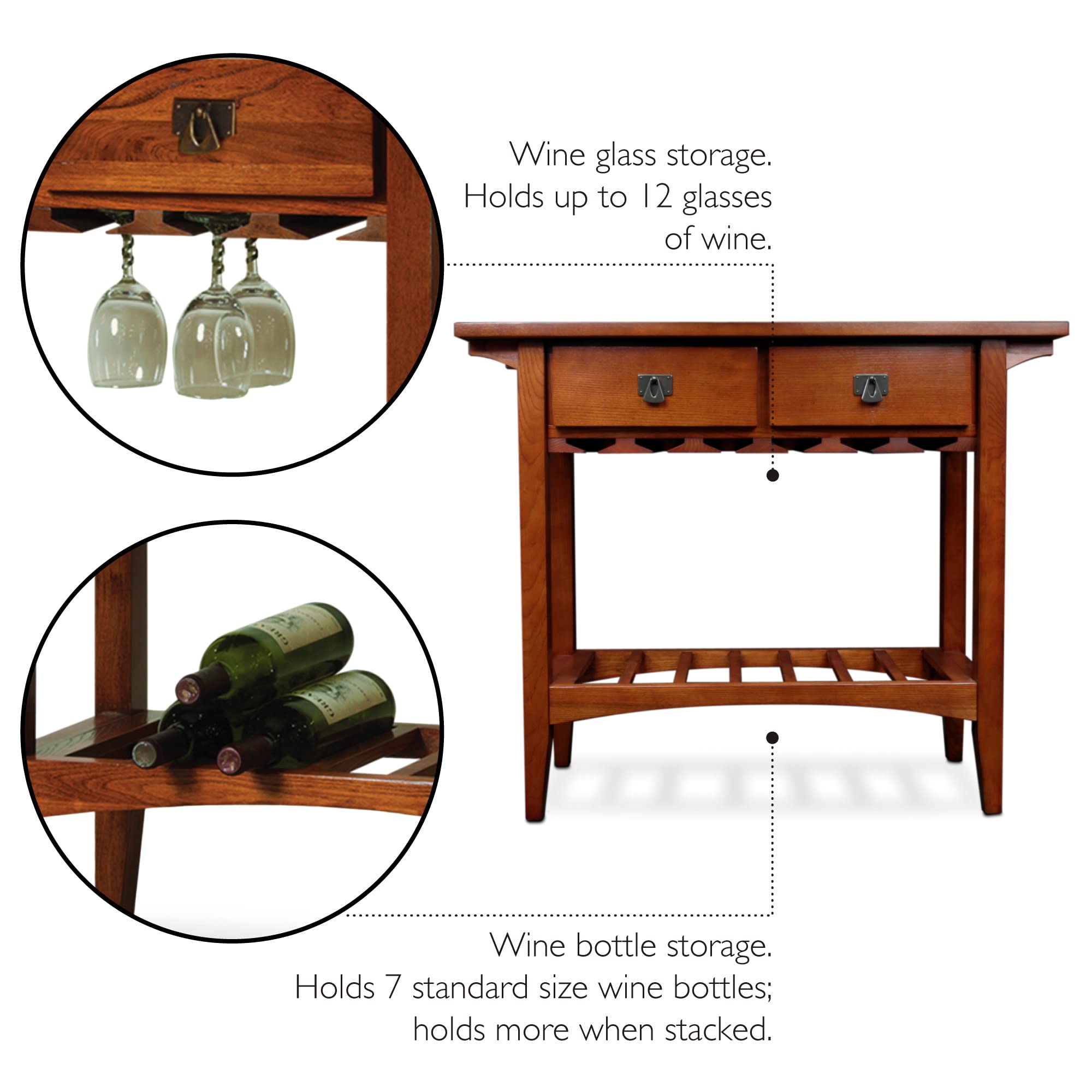 Leick Home 9061-RS Mission Style Wine Cabinet with Glass & Bottle Storage, 2 Drawers - Rustic Russet Finish Buffet Server for Dining Room, Living Room, Kitchen | Perfect for Wine Display, Entertaining & Home Bar Organization