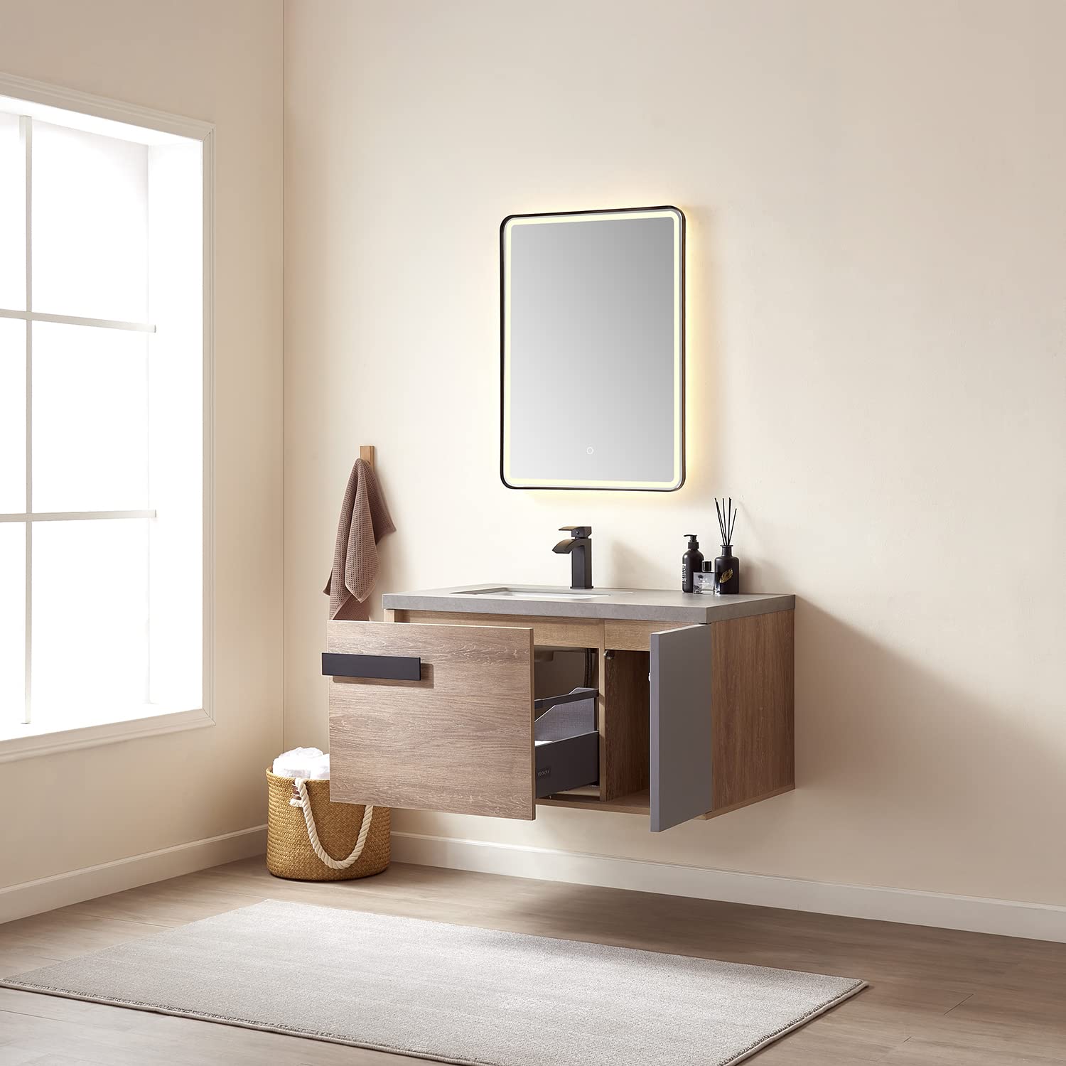 VINNOVA Carcastillo Bathroom Vanity with Sink - 36 Inch Modern Oak Wood Vanity for Bathroom - North American Solid Oak Construction - Perfect for Master Bath, Guest Bath & Powder Room Remodeling