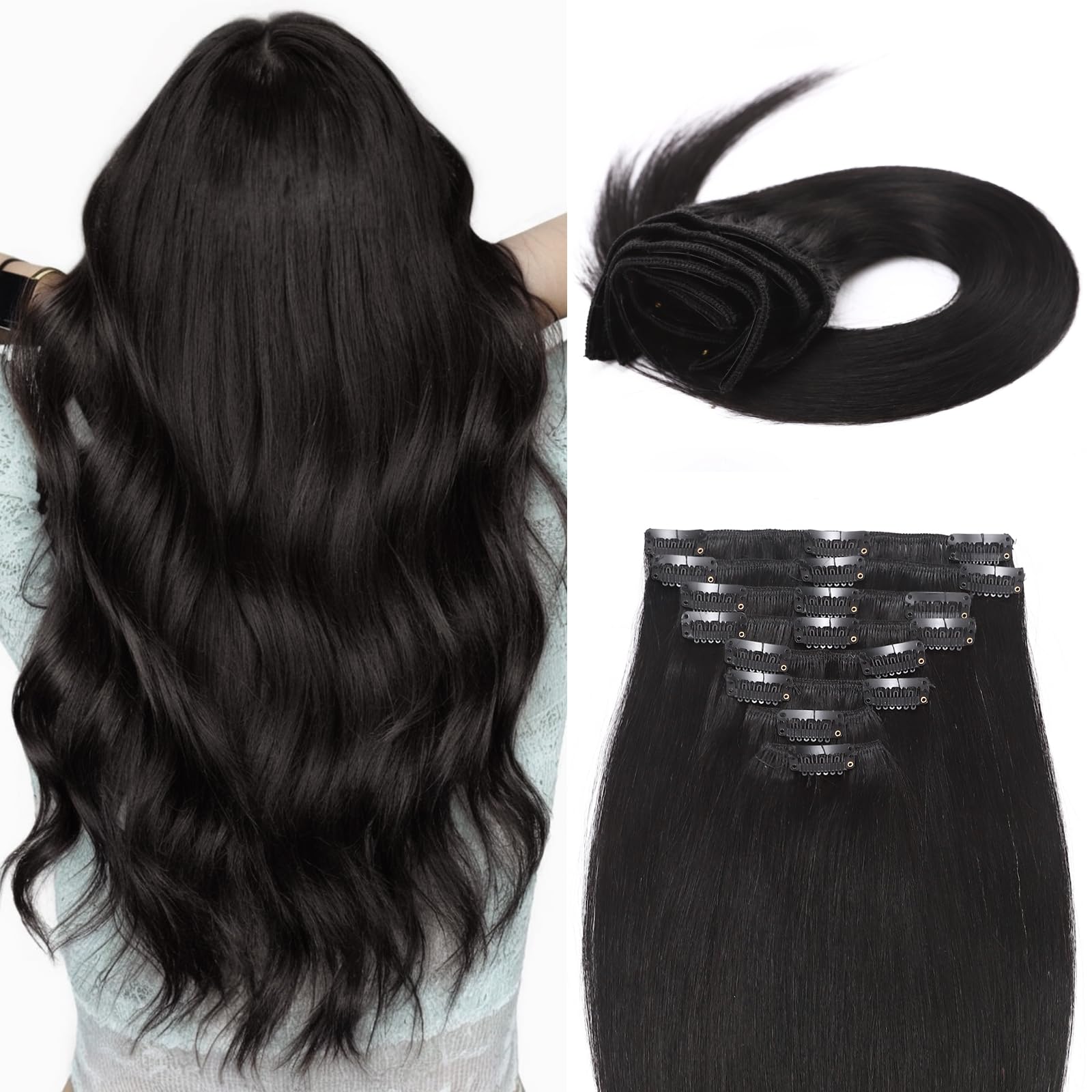 MY-LADY Clip In Hair Extensions 13 Inch Jet Black - 8pcs Remy Human Hair Short Clip Ins for Full Head - 80g Natural Hair Extensions #1 - Perfect for Daily Styling, Parties & Special Occasions