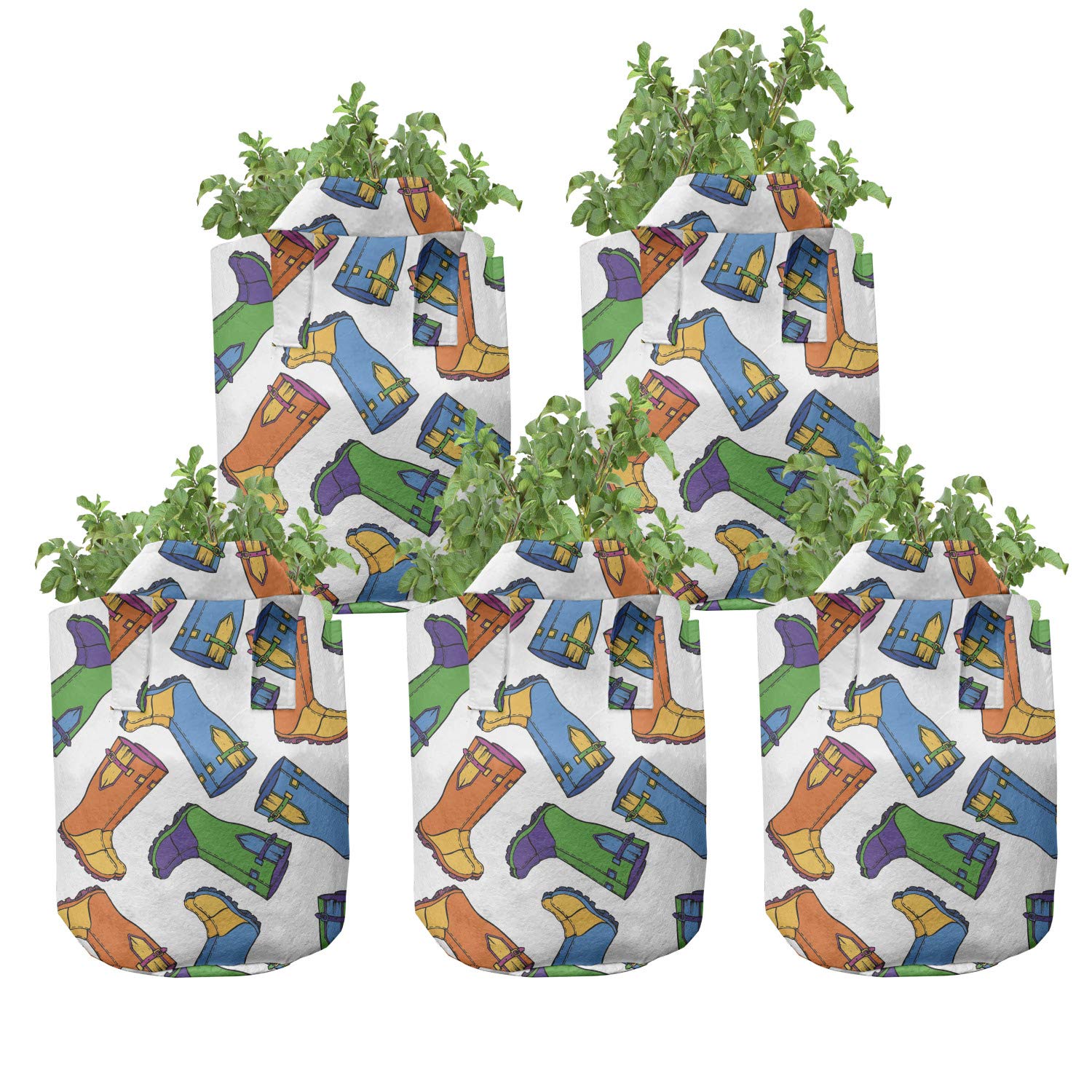 Ambesonne 5-Pack Heavy Duty Fabric Grow Bags with Handles - Cartoon Rain Boots Autumnal Art Design - Durable Plant Pots for Indoor/Outdoor Gardening, Flowers, Vegetables - Sky Blue & Marigold Color