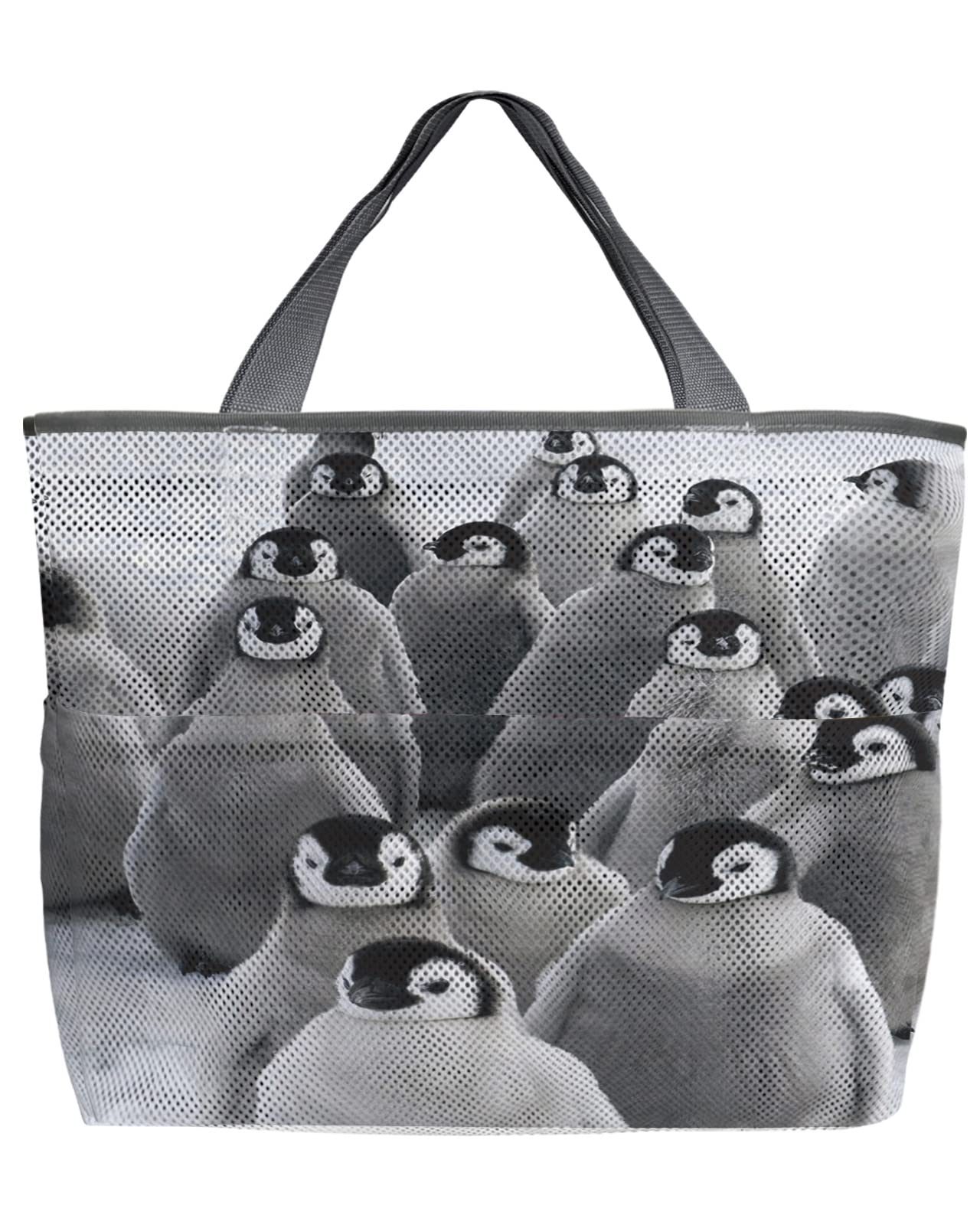 60L Oversized Mesh Beach Tote Bag - Cute Penguin Family Design, Quick Dry Swim Bag with Pockets, Foldable Lightweight for Beach, Pool, Grocery Shopping (24