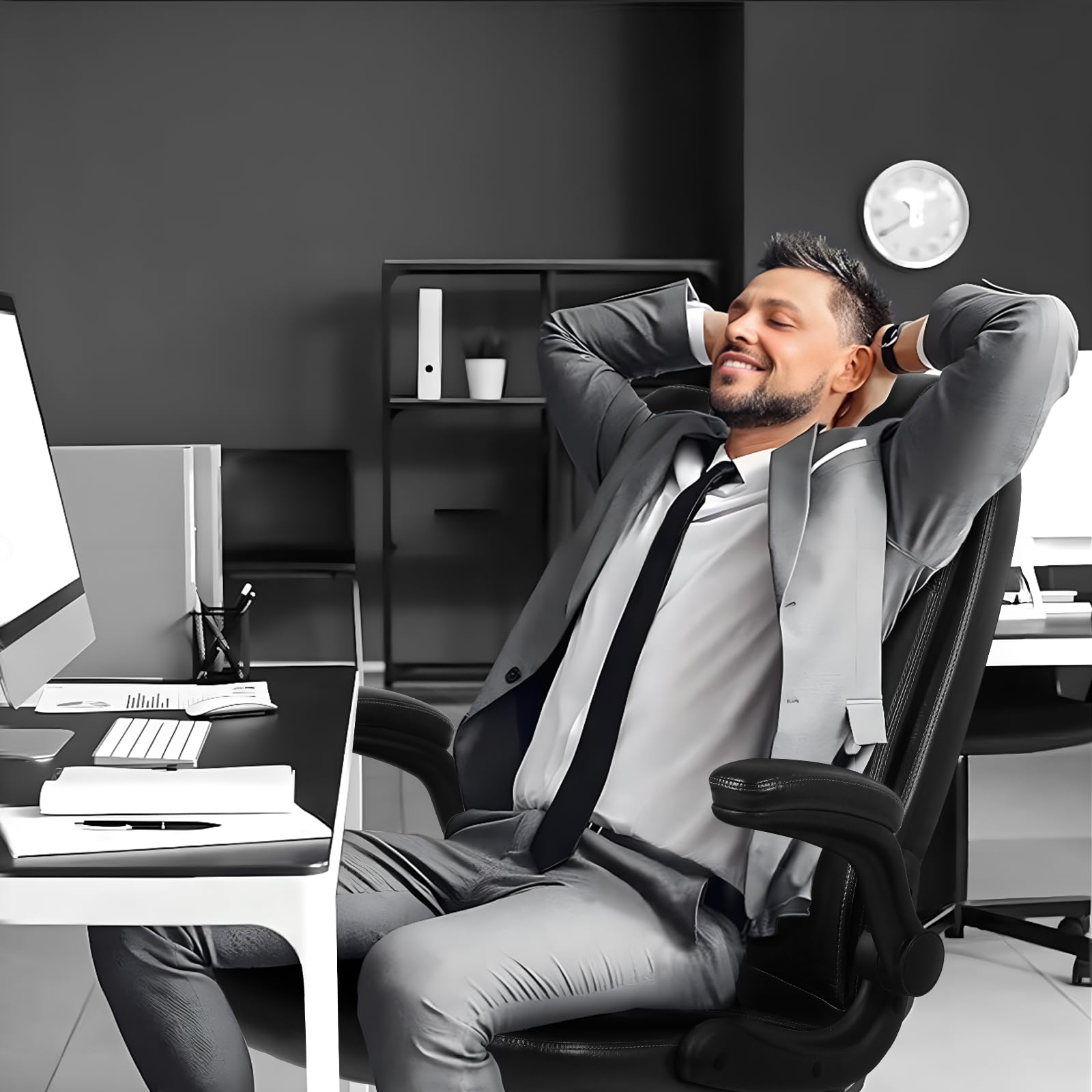 Premium VITESSE Executive Office Chair with Flip-Up Armrests - Big & Tall Leather Ergonomic Computer Desk Chair with High Back Lumbar Support - Heavy Duty Home & Office Task Chair for Long Hours (Black) - Perfect for Home Offices, Corporate Workstations & Gaming Setups