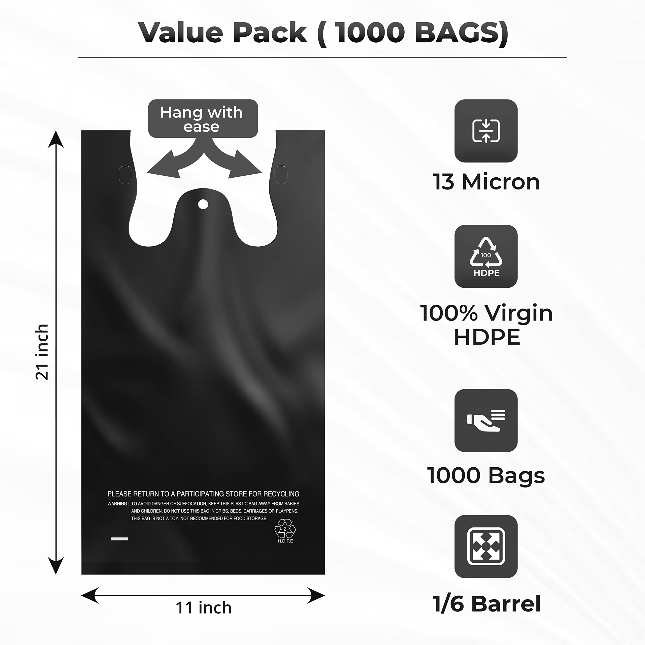 ACYPAPER Bulk Black T-Shirt Plastic Bags (1000 Count) - 11
