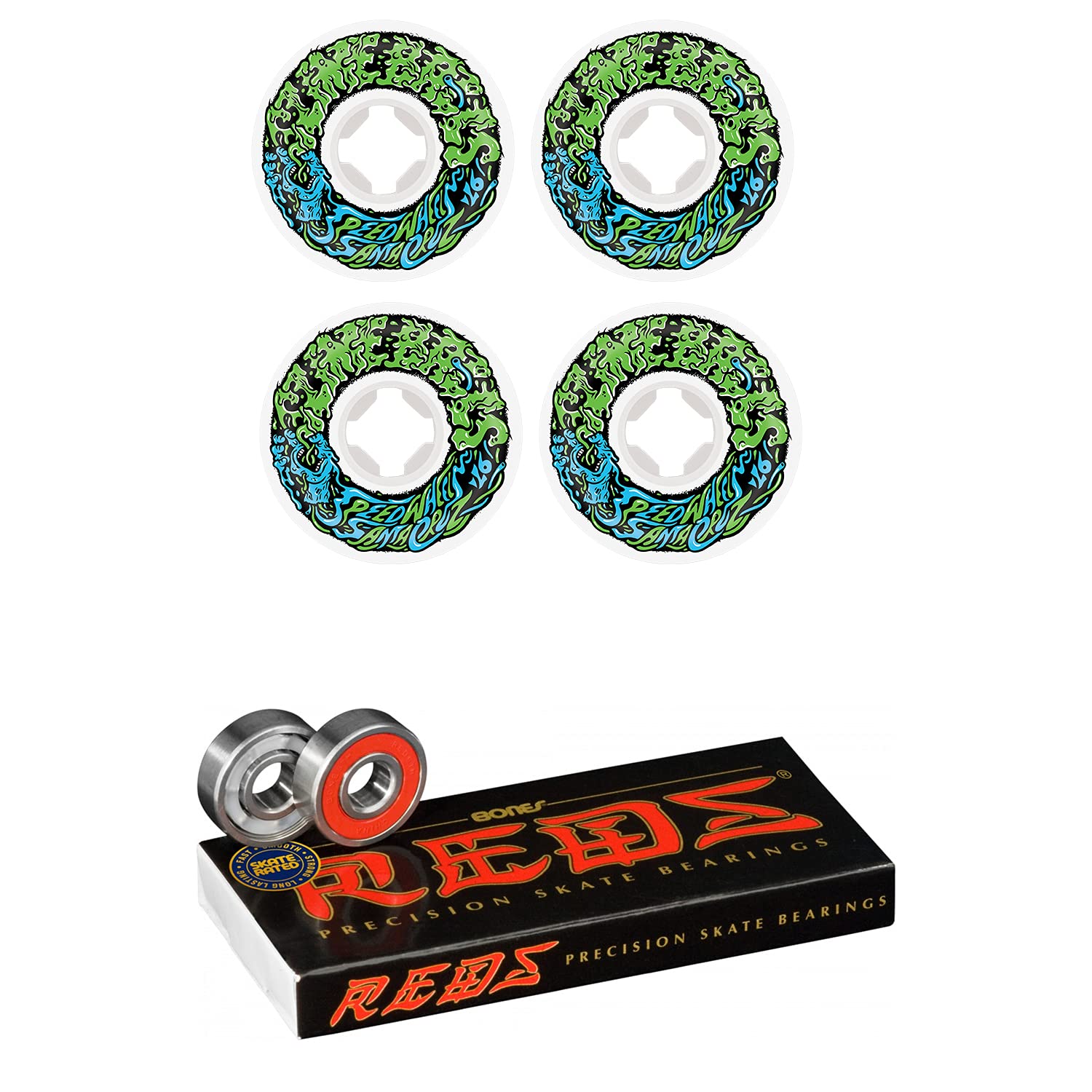 Santa Cruz Slime Balls Skateboard Wheels 54mm 97A - Vomit Mini II White/Green with Bones Reds Bearings | High-Performance Wheels for Street Skating & Park Tricks