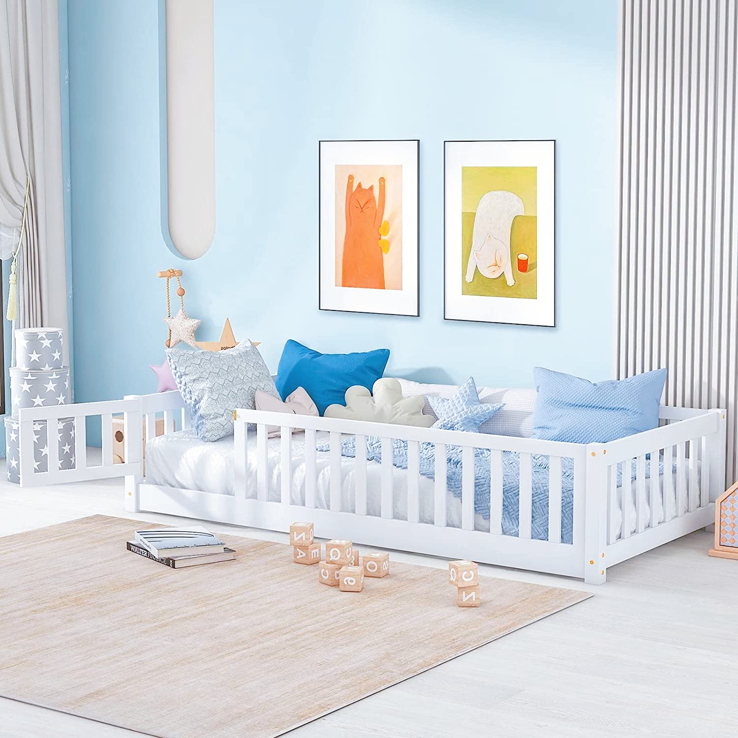 Montessori Twin Floor Bed for Kids - Wooden Bed Frame with Fence Guardrails, Support Slats & Door - No Box Spring Needed - Perfect for Toddlers, Boys & Girls (White, Twin Size) - Ideal for Montessori Rooms, Kids' Bedrooms & Safe Sleep Spaces