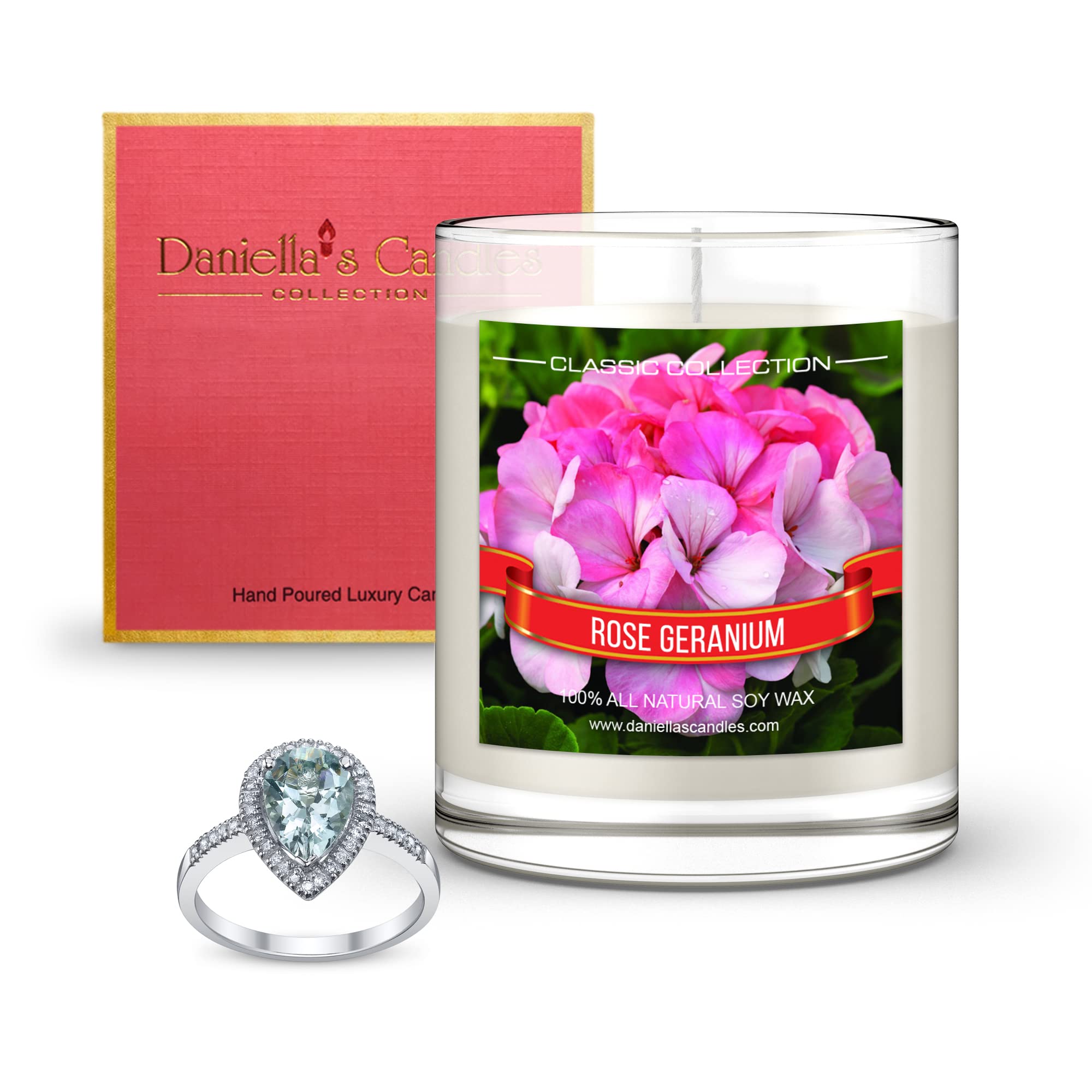 Rose Geranium Scented Candle with Hidden Necklace - Natural Soy Wax Aromatherapy Candle for Home, Spa, Romantic Gifts & Special Occasions