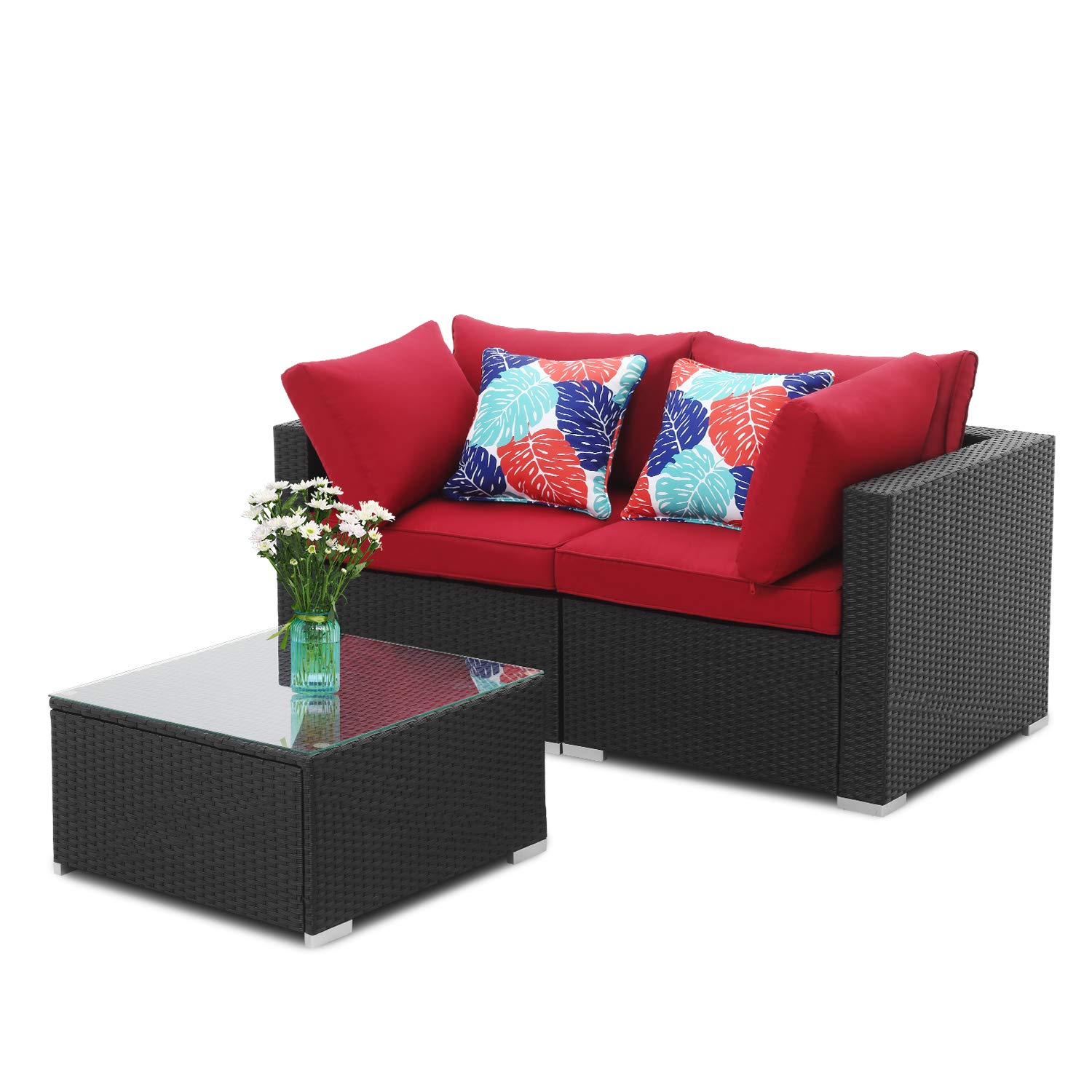 DOIT Rattan Patio Furniture Set - Outdoor Garden Sectional Sofa with Coffee Table & Cushions for Backyard, Porch, Poolside Relaxation