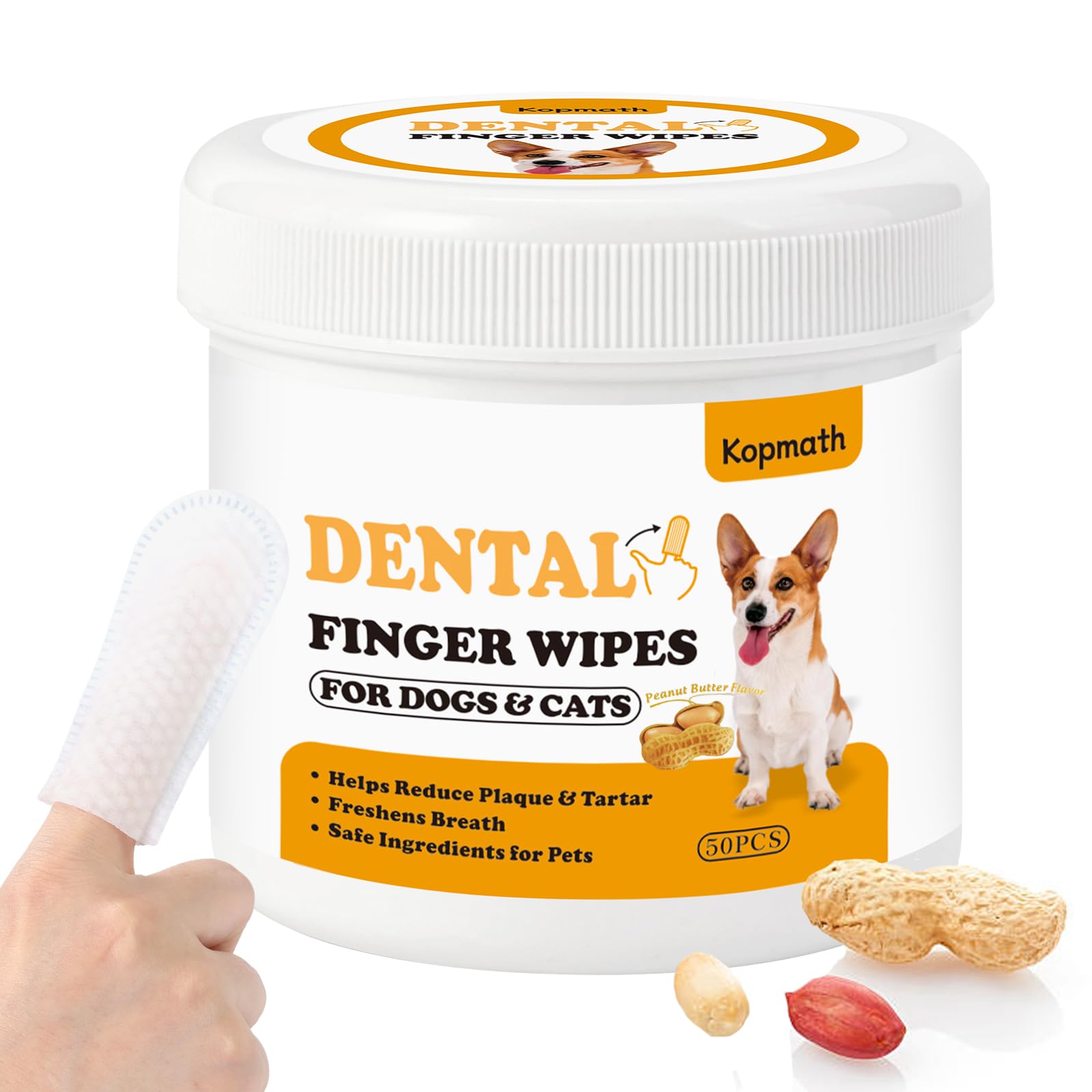 Dental Care Finger Wipes for Dogs & Cats - Pre-Soaked Pet Teeth Cleaning Pads with Peanut Flavor | Reduces Plaque & Tartar, Freshens Breath | Easy-to-Use Disposable Oral Wipes for Daily Pet Dental Hygiene at Home