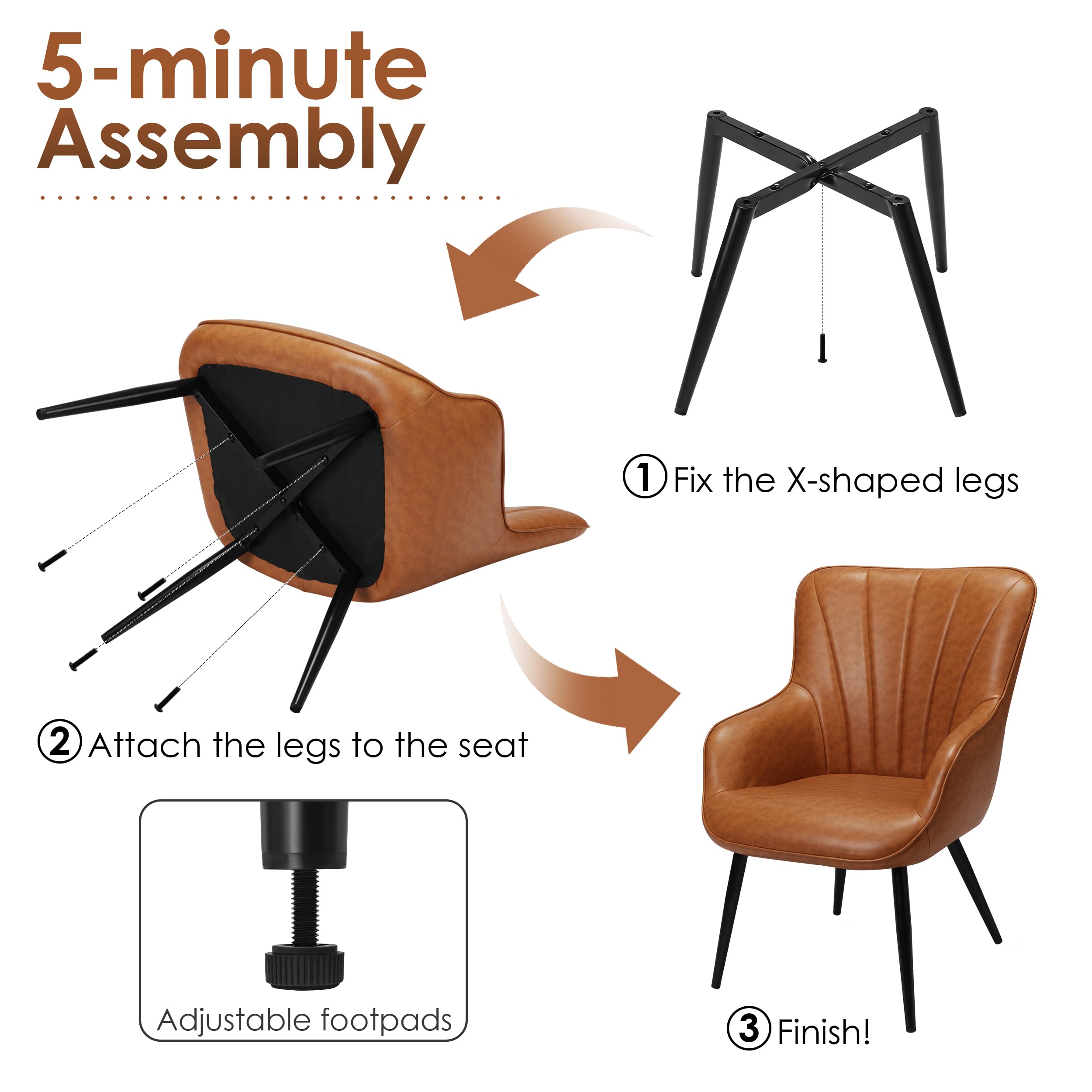 PrimeZone Faux Leather Mid Century Modern Accent Chair - Wingback Armchair with Metal Legs for Living Room, Bedroom, Office & Dining Room - Brown, Set of 2 - Perfect for Home Decor, Reading Nook & Guest Seating