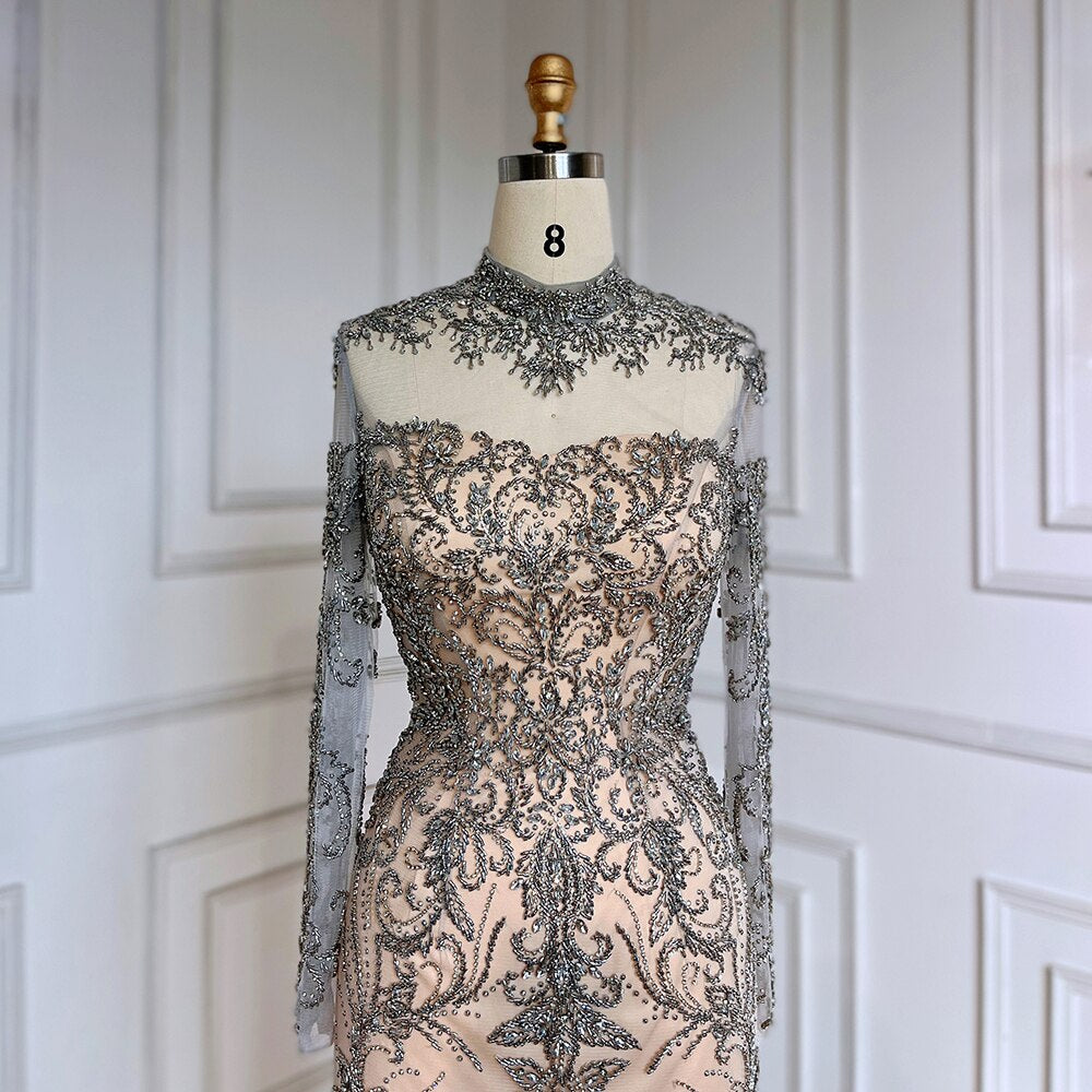Elegant Grey Nude Mermaid Evening Dress with Lace & Beading - Luxury Women's Gown for Arabic Parties, Prom, Red Carpet & Special Occasions 2025