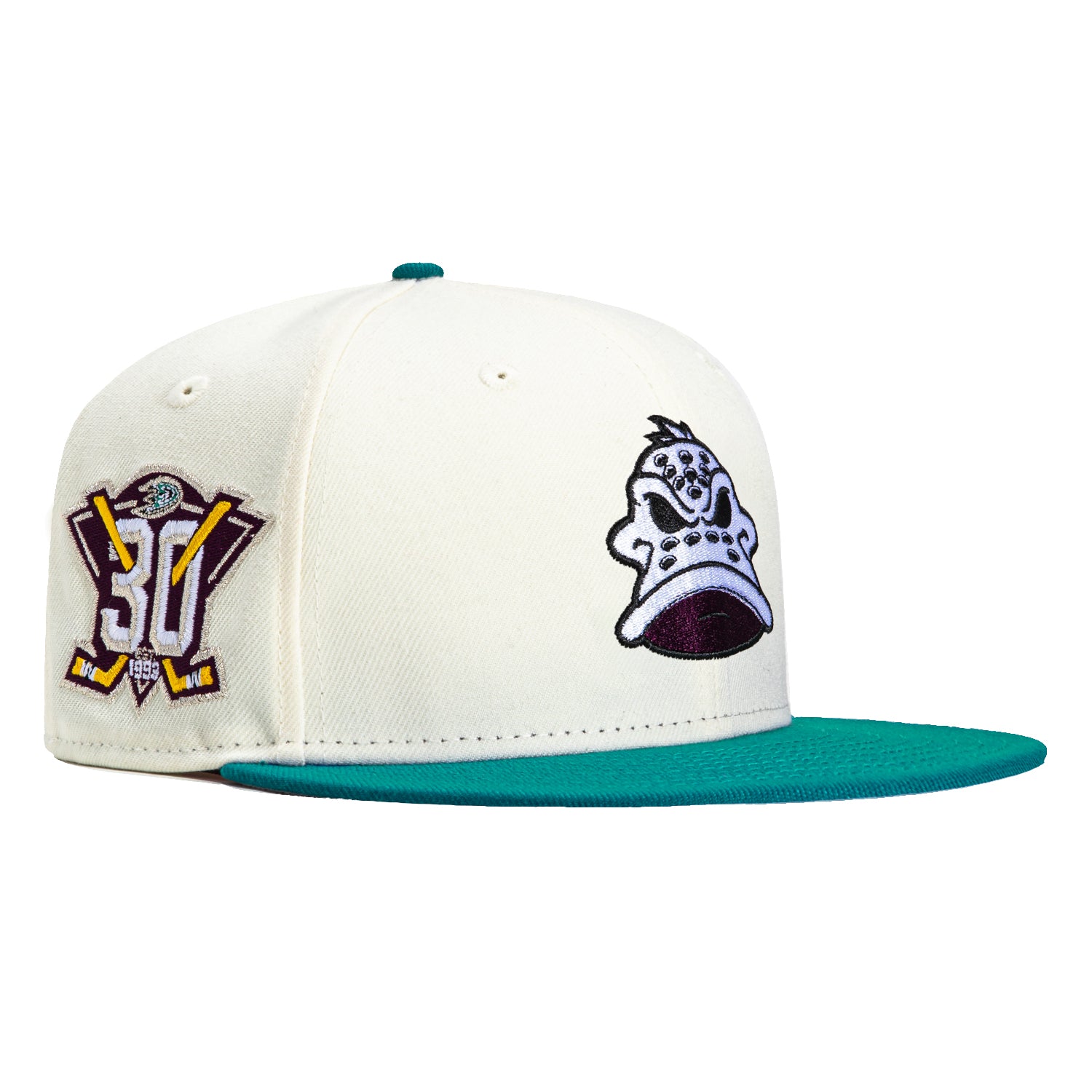 New Era 59Fifty Anaheim Ducks 30th Anniversary Patch Snapback Hat - White & Teal - Official NHL Hockey Cap for Fans & Collectors - Perfect for Games, Tailgating & Sports Events