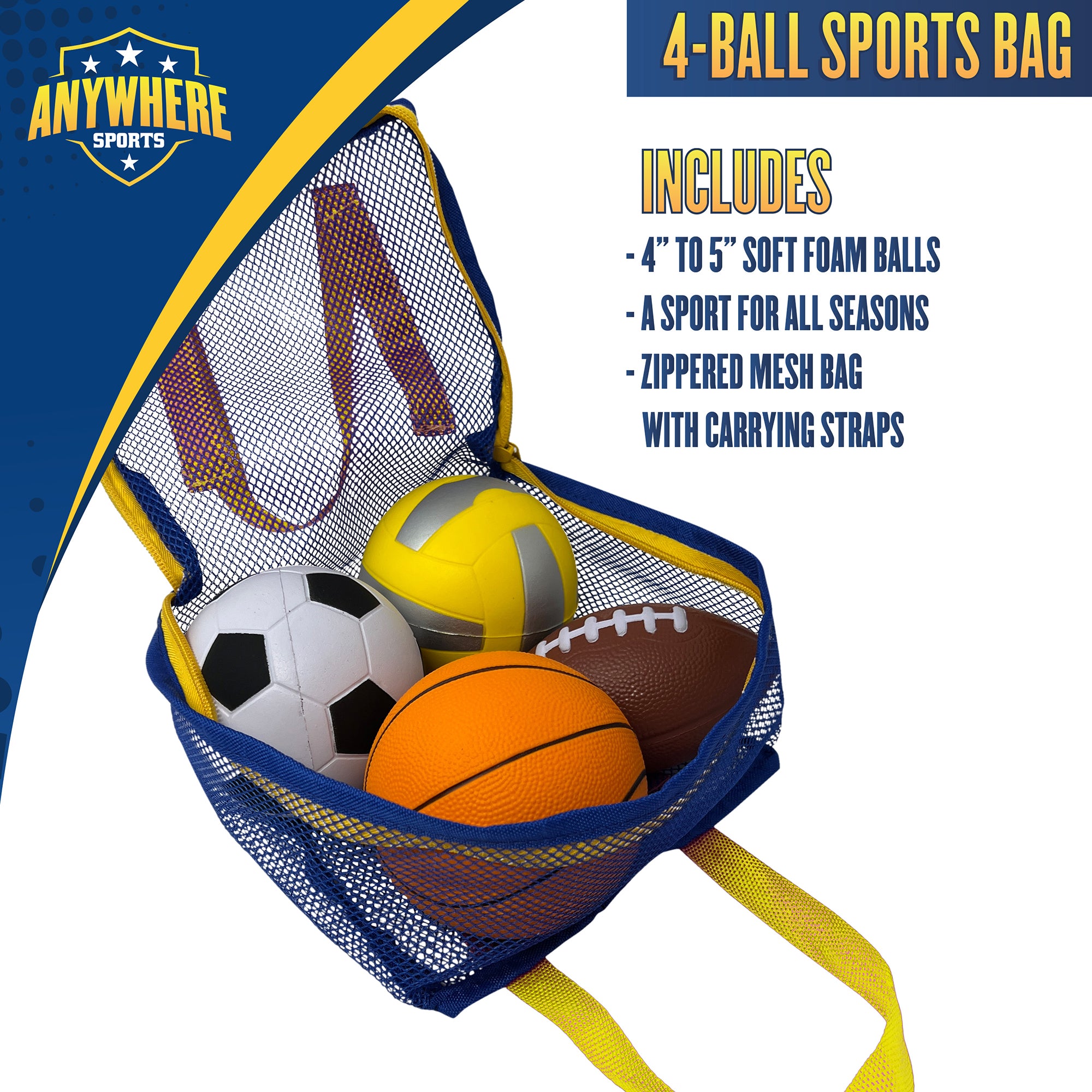 Anywhere Sports Mini Foam Balls 4 Pack - Soft Safe Play Set for Kids Ages 3+ - Indoor Outdoor Games, Backyard Fun, Birthday Party Favors