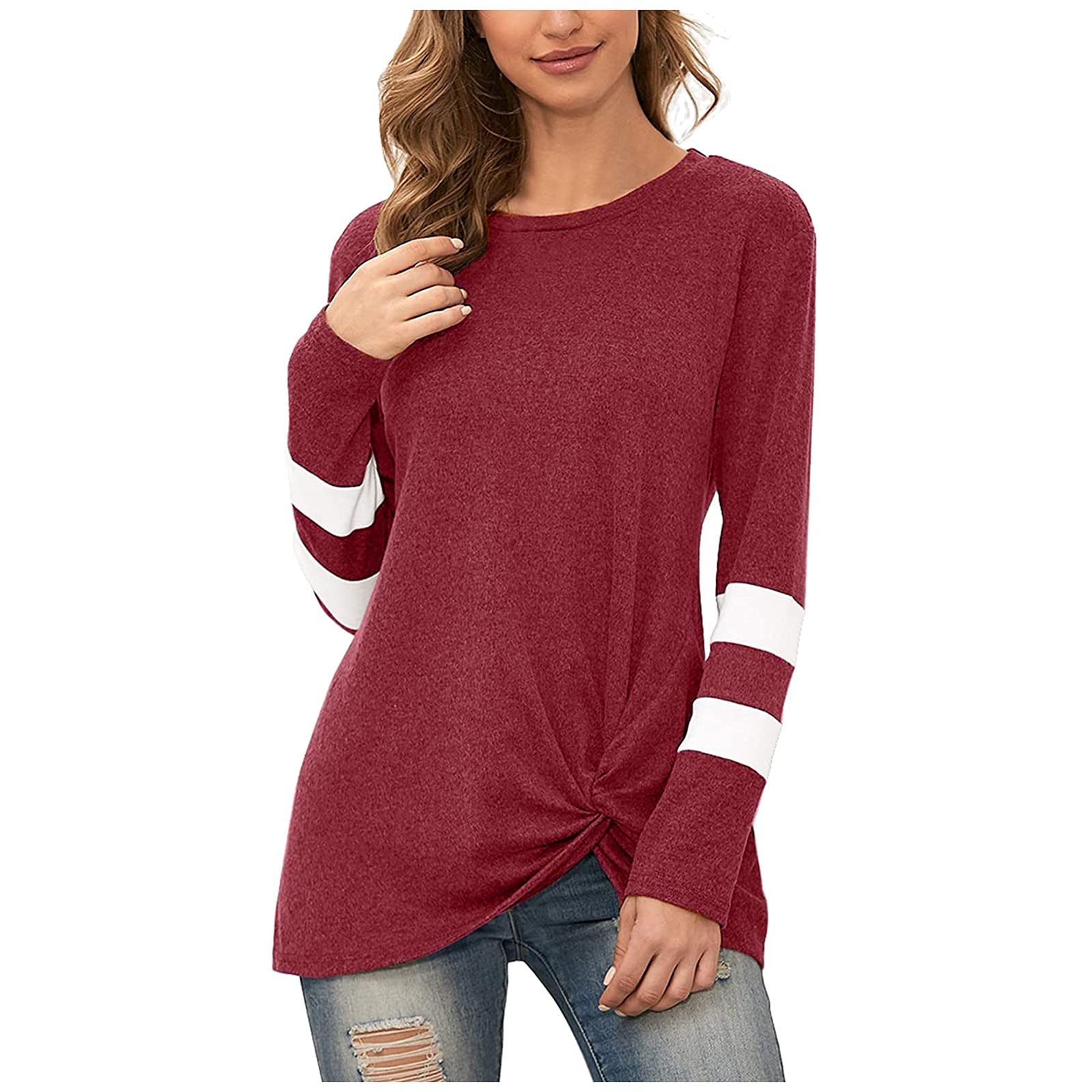 ForestYashe Women's Long Sleeve Casual Tunic Top - Soft Loose Fit Blouse, Solid Wine Red Tee Shirt for Women | Perfect for Work, Office, and Everyday Wear