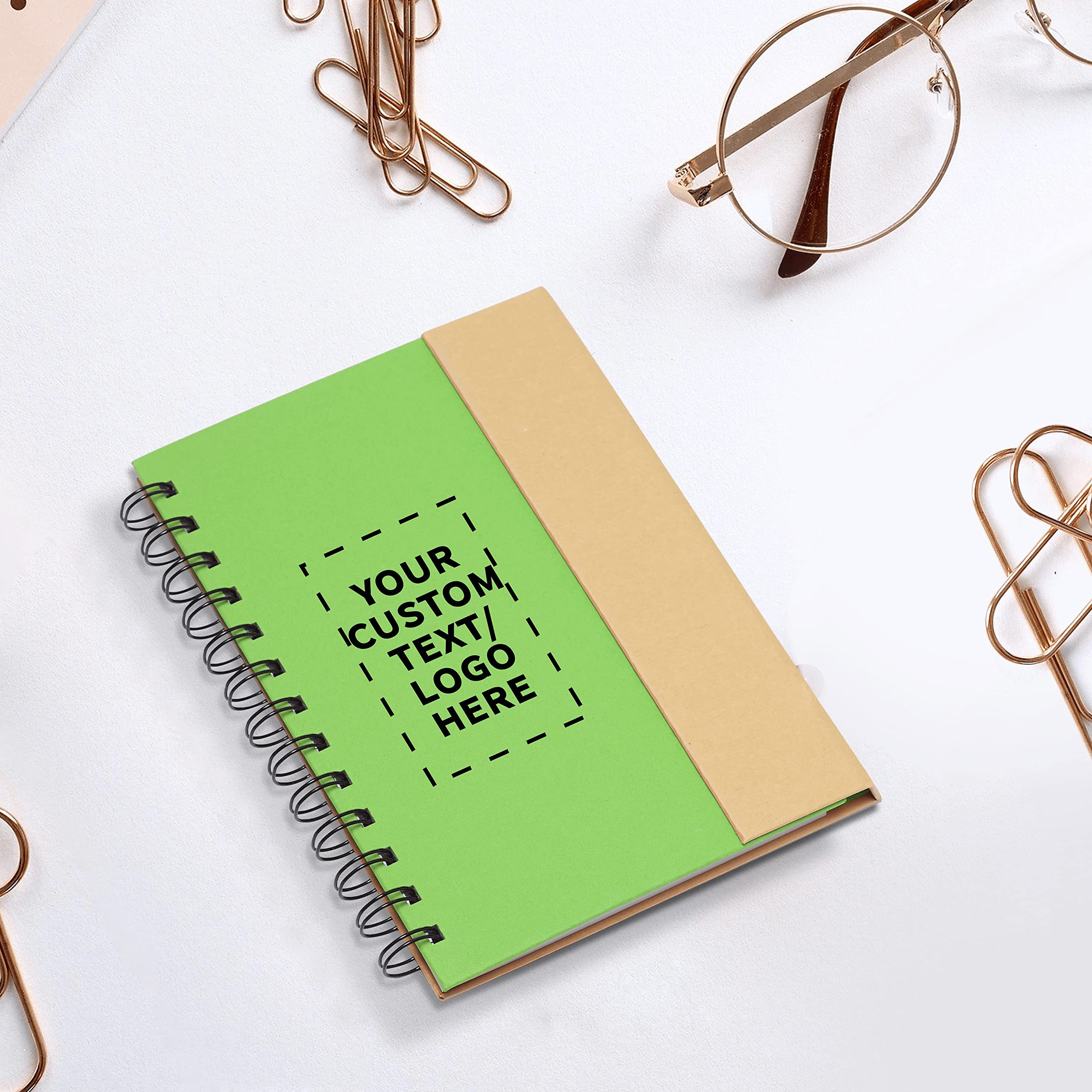 Custom Eco-Friendly Spiral Notebooks with Pens - Set of 50 Personalized Bulk Pack for School, Office & Home - Sustainable Green Stationery - Ideal for Students, Professionals & Gifts