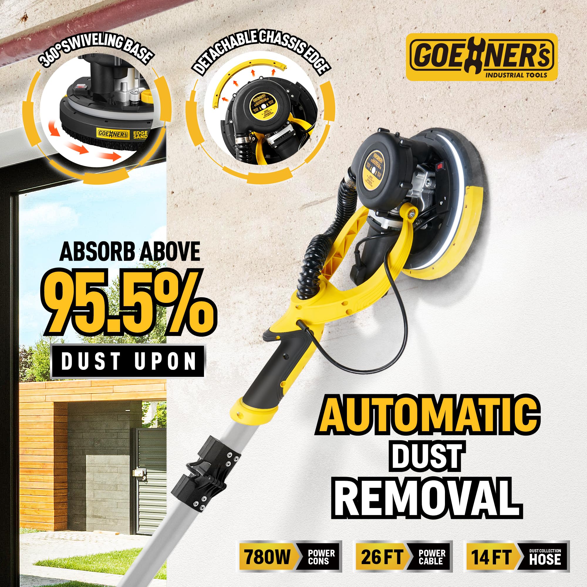 Powerful Electric Drywall Sander with Vacuum - 99% Dust Absorption, 7-Speed Adjustable (900-1800 RPM), 26ft Power Cord & LED Light - Dust-Free Drywall Sanding for Walls, Ceilings & Popcorn Texture Removal - Perfect for Home Renovation and Professional Construction Projects