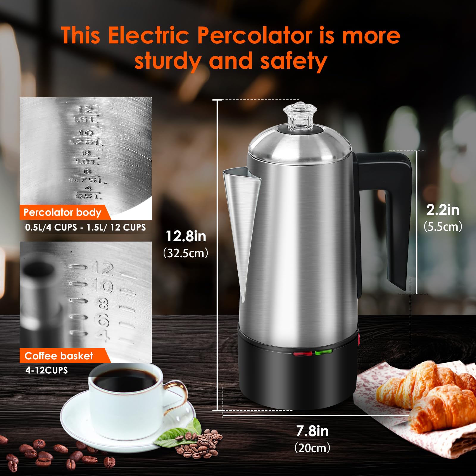 HOMOKUS 12-Cup Electric Coffee Percolator - 800W Stainless Steel Coffee Maker with Auto Keep Warm, Cool-Touch Handle & Clear Knob - Perfect for Home, Office, Camping & Outdoor Use