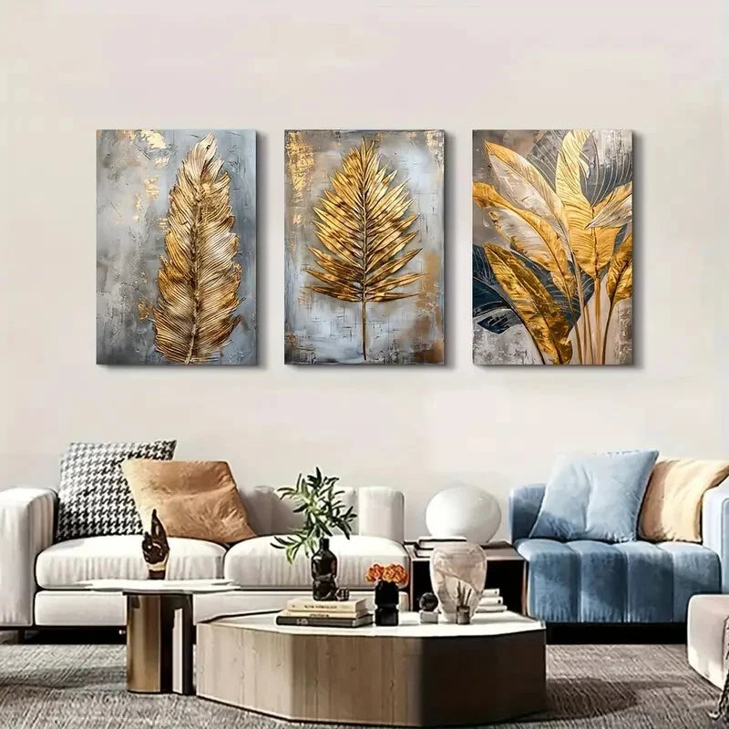 3pcs Golden Leaves & Feather Metal Wall Art Prints - Ready to Hang Home Decor for Living Room, Bedroom, Office (12x16 inch) - Modern Nature-Inspired Wall Decor for Housewarming Gifts & Interior Design