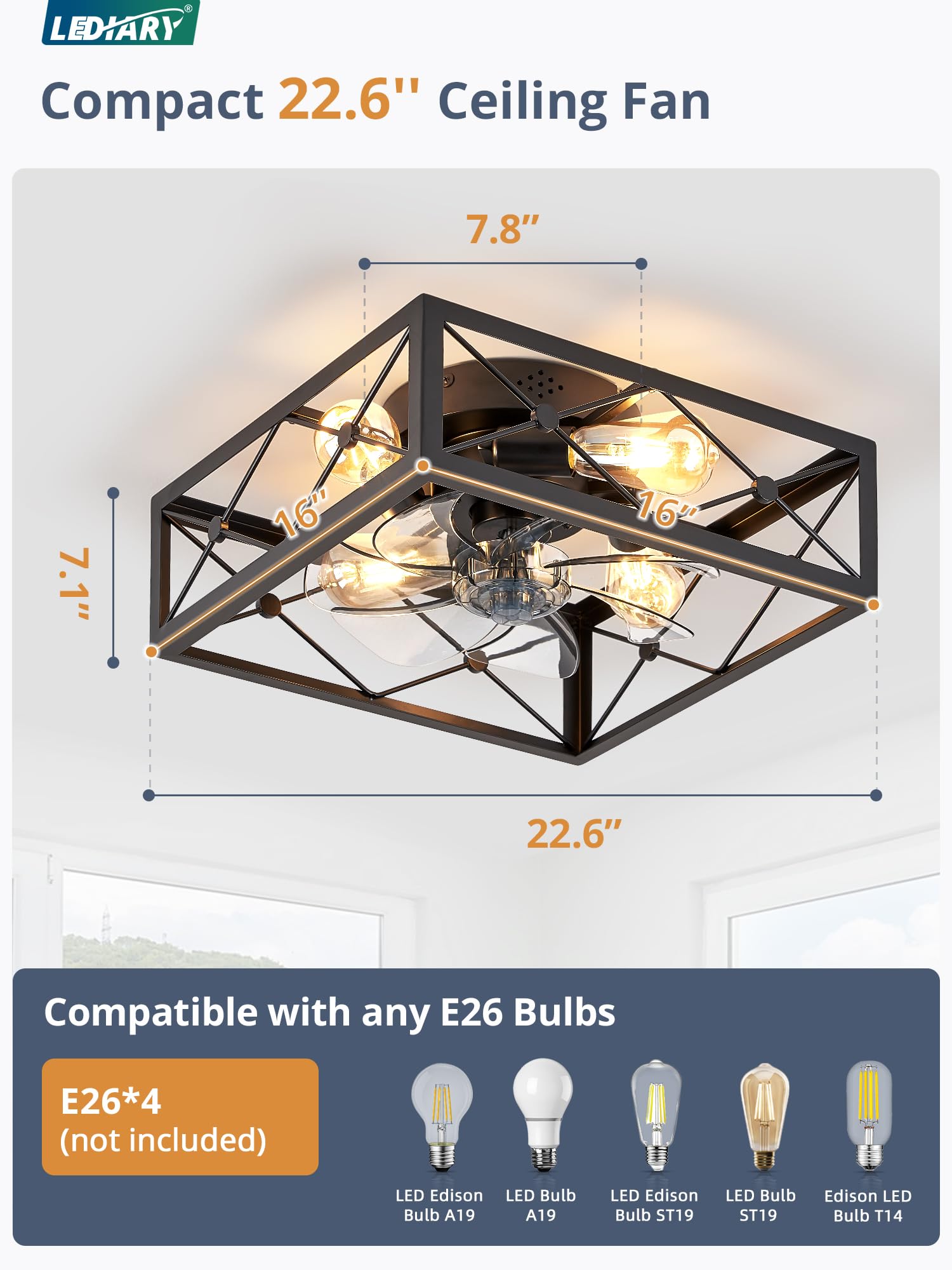 LEDIARY Black Square Caged Flush Mount Ceiling Fan with Lights and Remote - Low Profile Bladeless Design for Bedroom, Kitchen, Indoor Use - Perfect for Farmhouse, Modern and Small Spaces