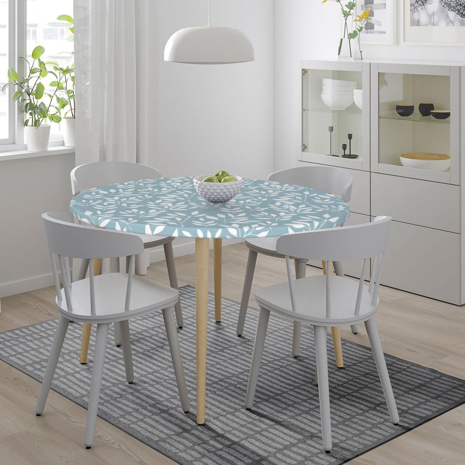 Waterproof Wipeable Elastic Edged Round Fitted Tablecloth - White Leaves Blue Design for 40