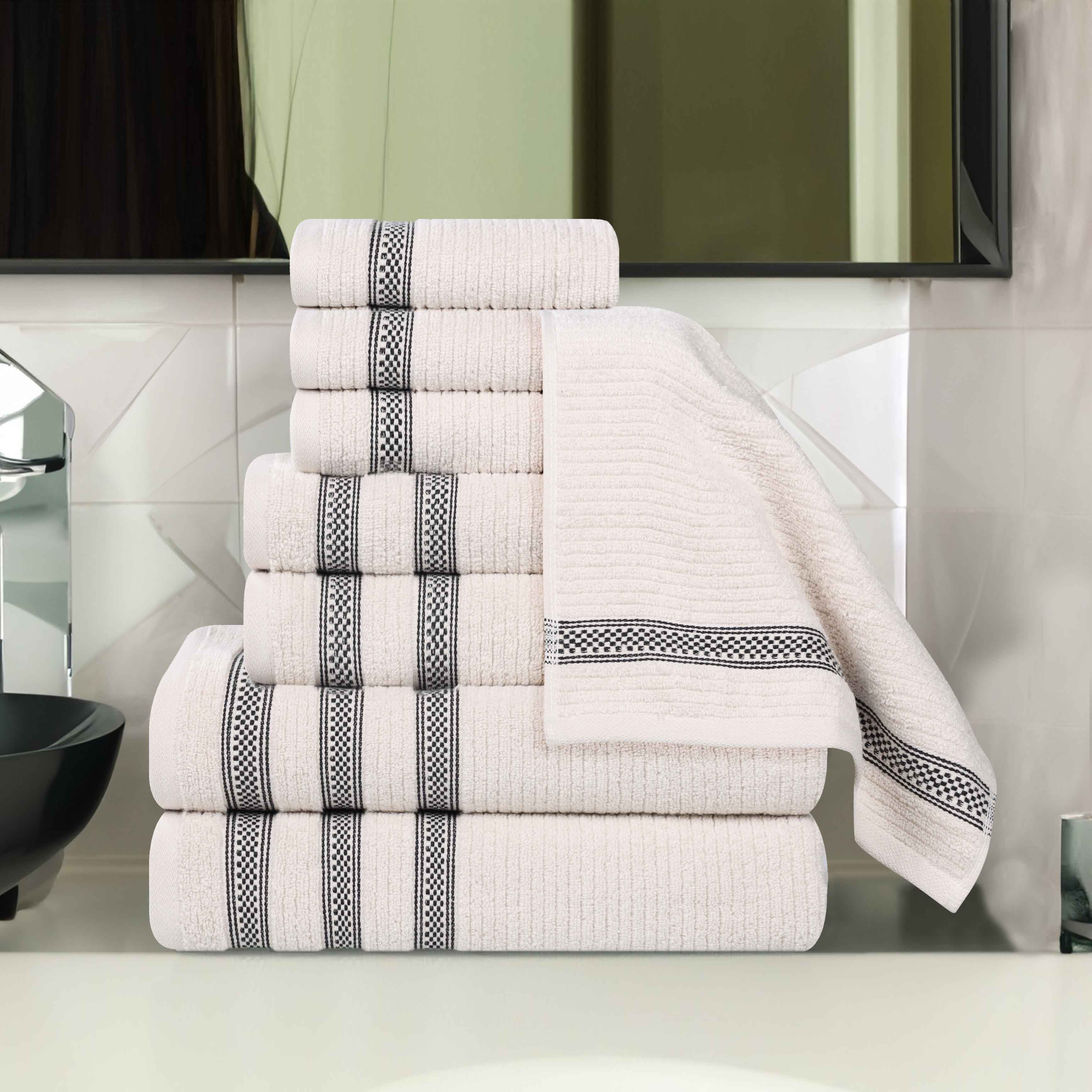 Premium Zero Twist Cotton Ribbed Geometric Border 8-Piece Towel Set | Ultra Soft Bath & Beach Towels for Spa, Pool & Home Decor