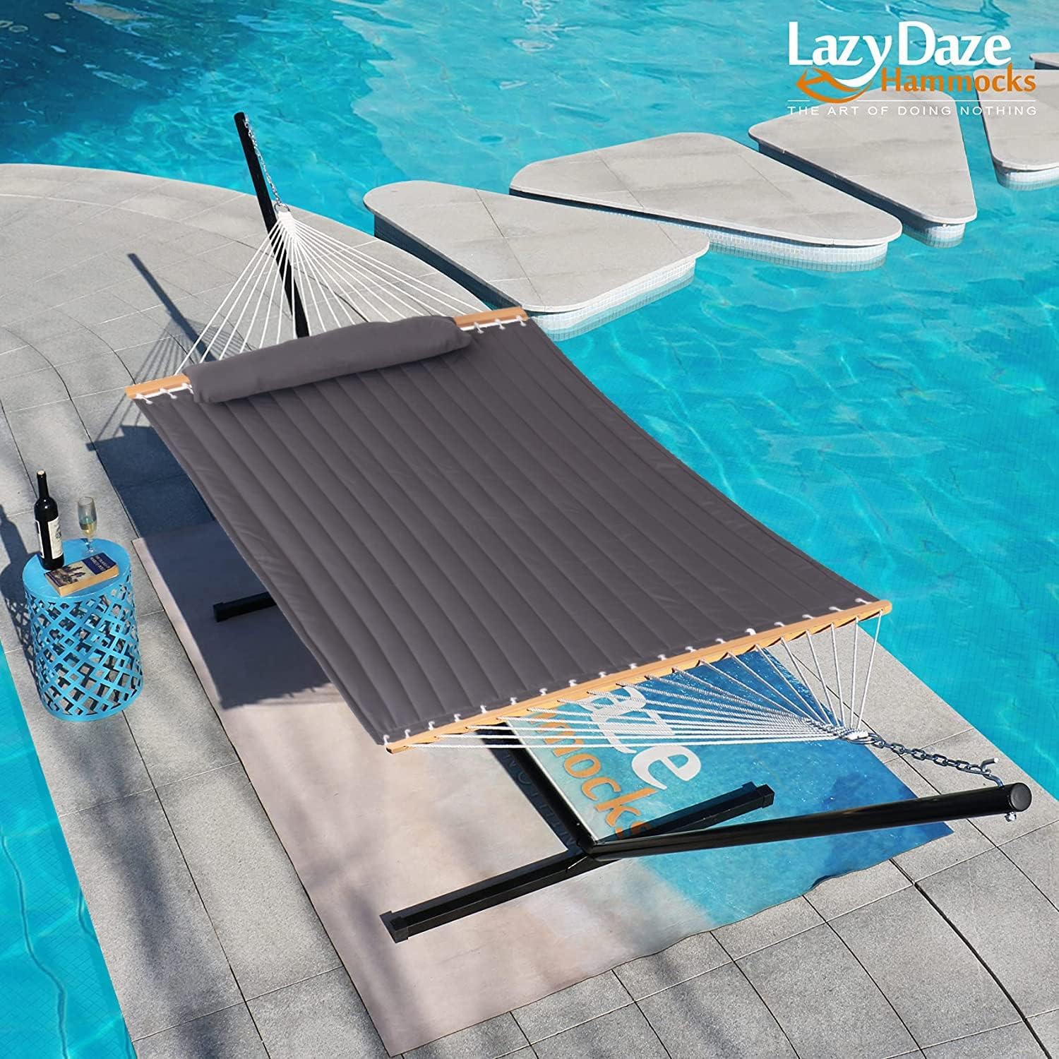 12 FT Quilted Fabric Double Hammock with Spreader Bar & Pillow - 2-Person Outdoor Hammock with Chains, 450 lbs Capacity - Perfect for Patio, Poolside, Backyard, Beach & Camping (Gray)