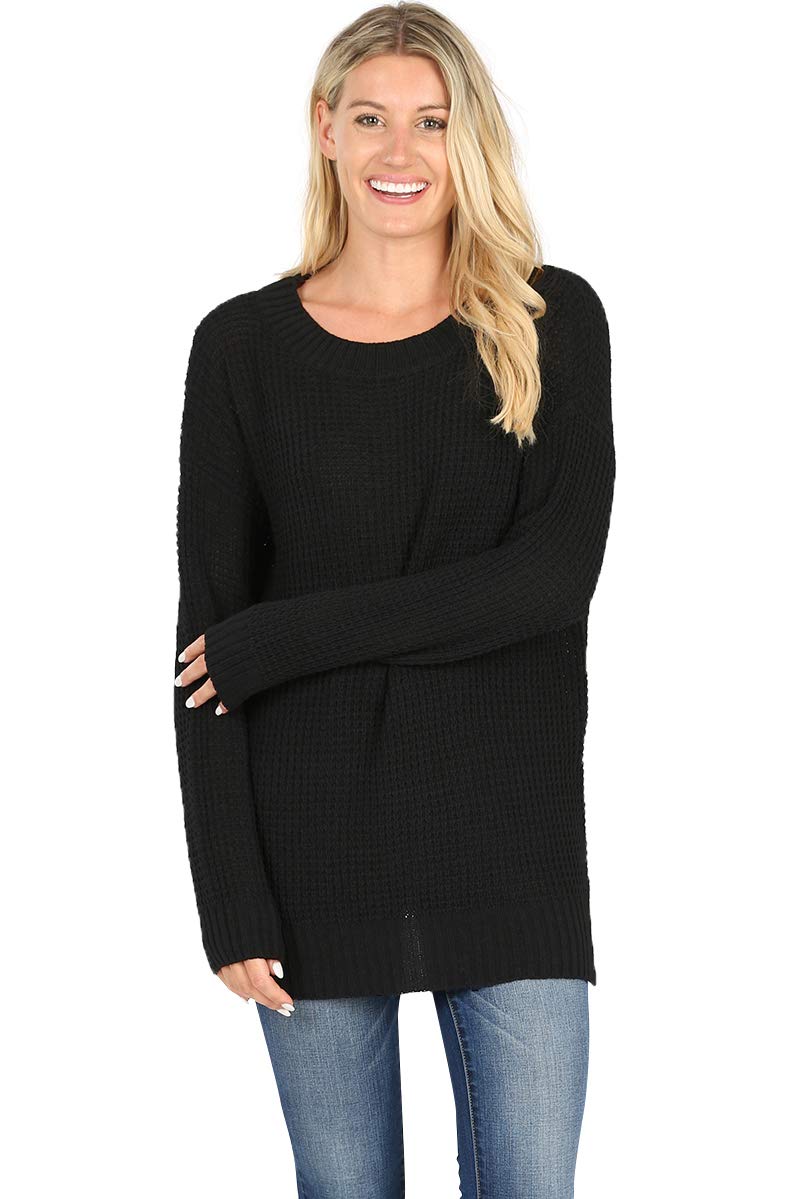 Women's Long Sleeve Crewneck Waffle Knit Sweater - Loose Fit Pullover with Side Slits, Black (Medium) | Casual Winter Wear, Office Outfits & Cozy Fall Layering