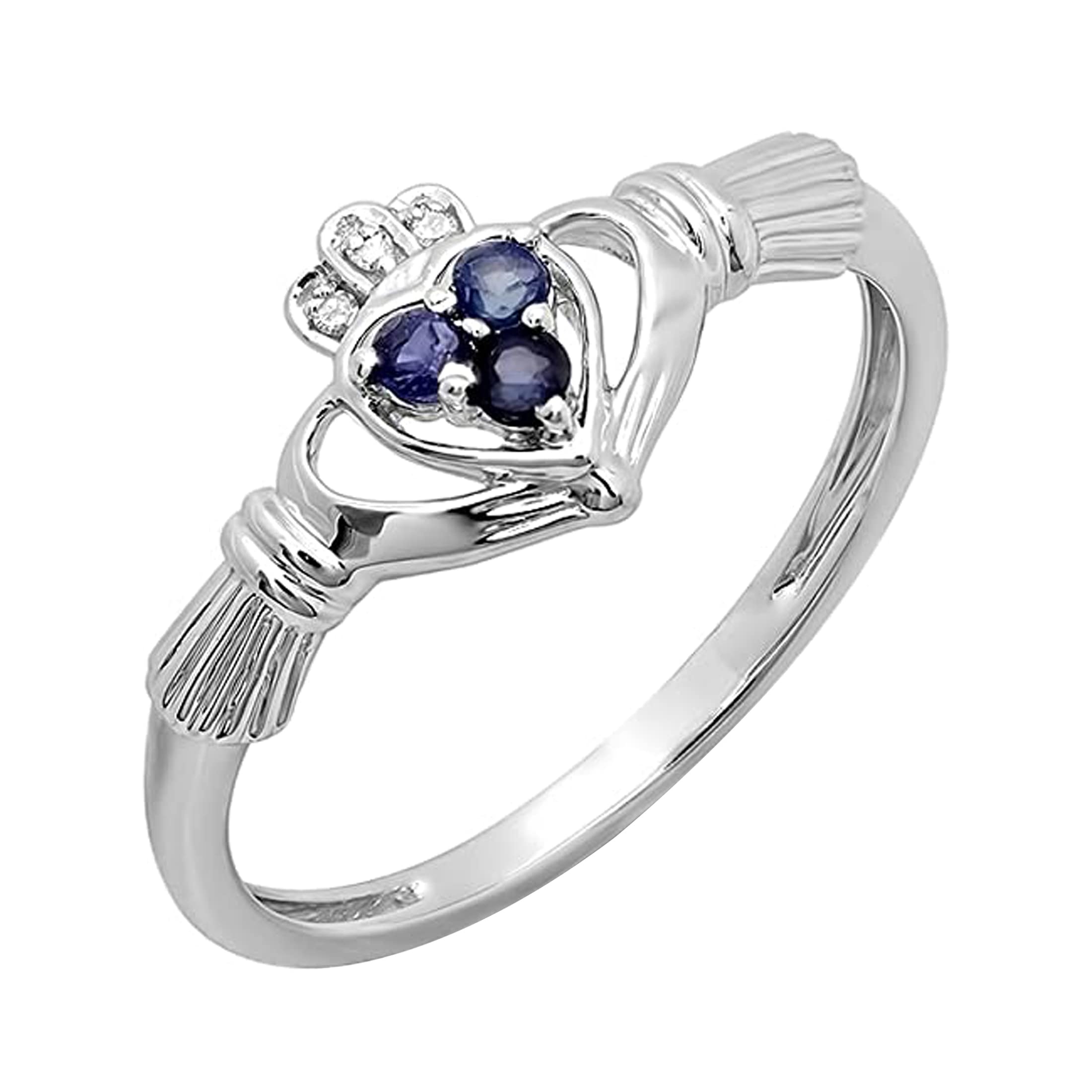 10K Solid Gold Claddagh Ring for Women - Round Natural Blue Sapphire & White Diamond Irish Love & Friendship Promise Ring | Wedding, Engagement, Anniversary Gift Idea