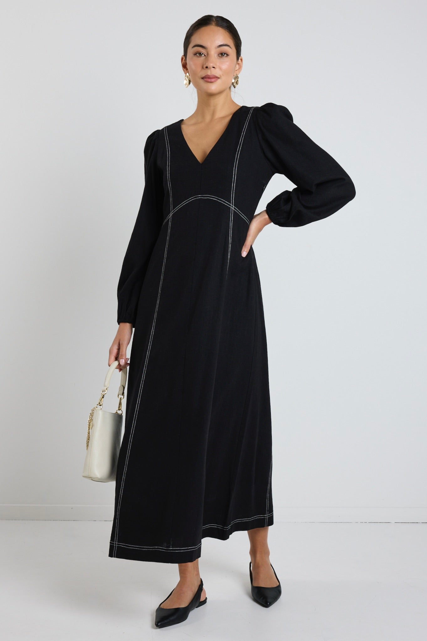 Black LS Contrast Stitch Midi Dress - Women's Elegant Long Sleeve Bodycon Dress for Party, Date Night & Office Wear